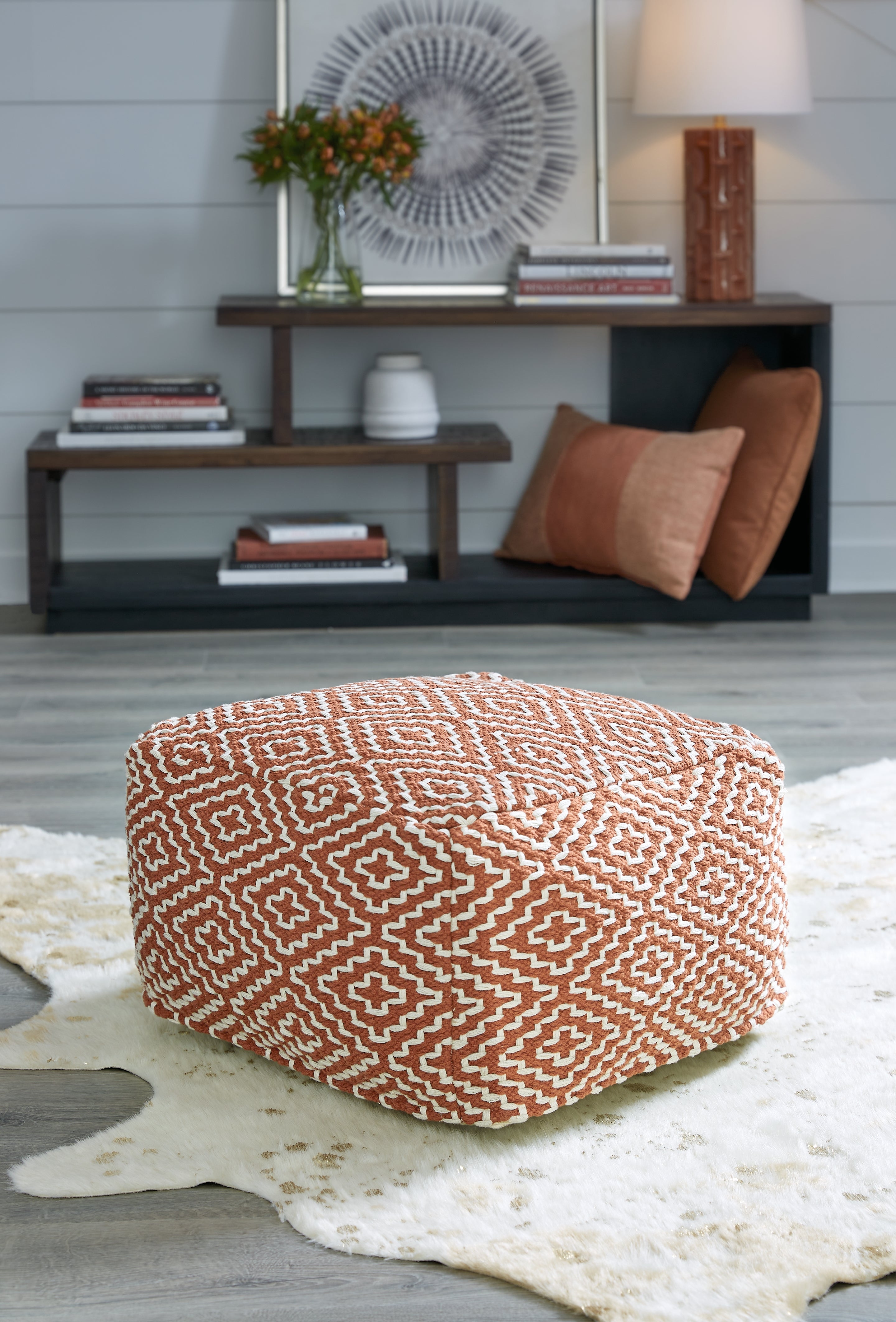 Family Deals Furniture - Ashley Furniture - Brynnsen Pouf - Pouf / Rust/Ivory - A1001056