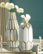 Family Deals Furniture - Ashley Furniture - Mohsen Vase - Vase Set (Set of 2) / Gold Finish/White - A2000135