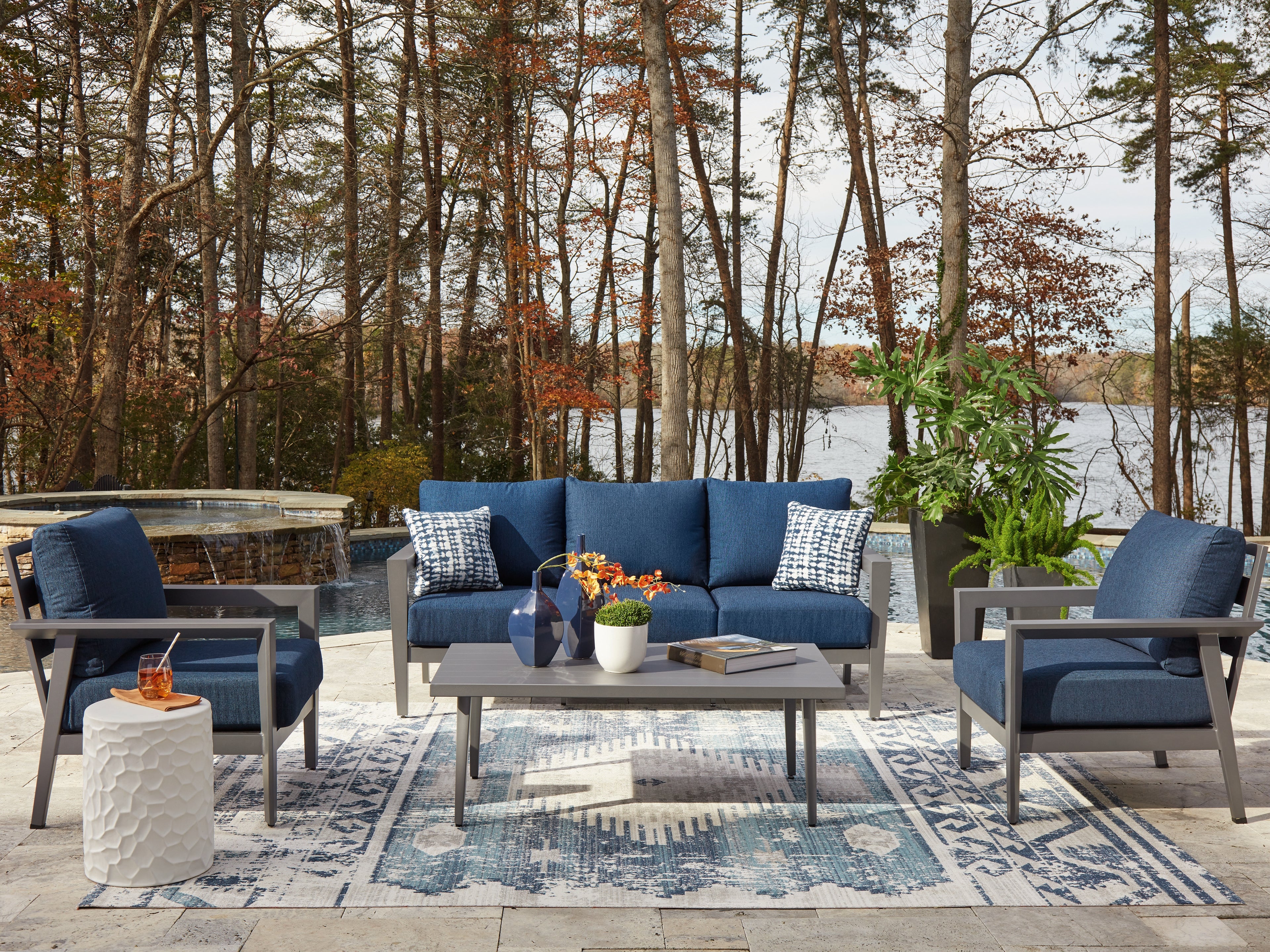 Family Deals Furniture - Ashley Furniture - Gali Outdoor - Sofa/Chairs/Table Set (4/CN) / Gray/Blue - P275-081