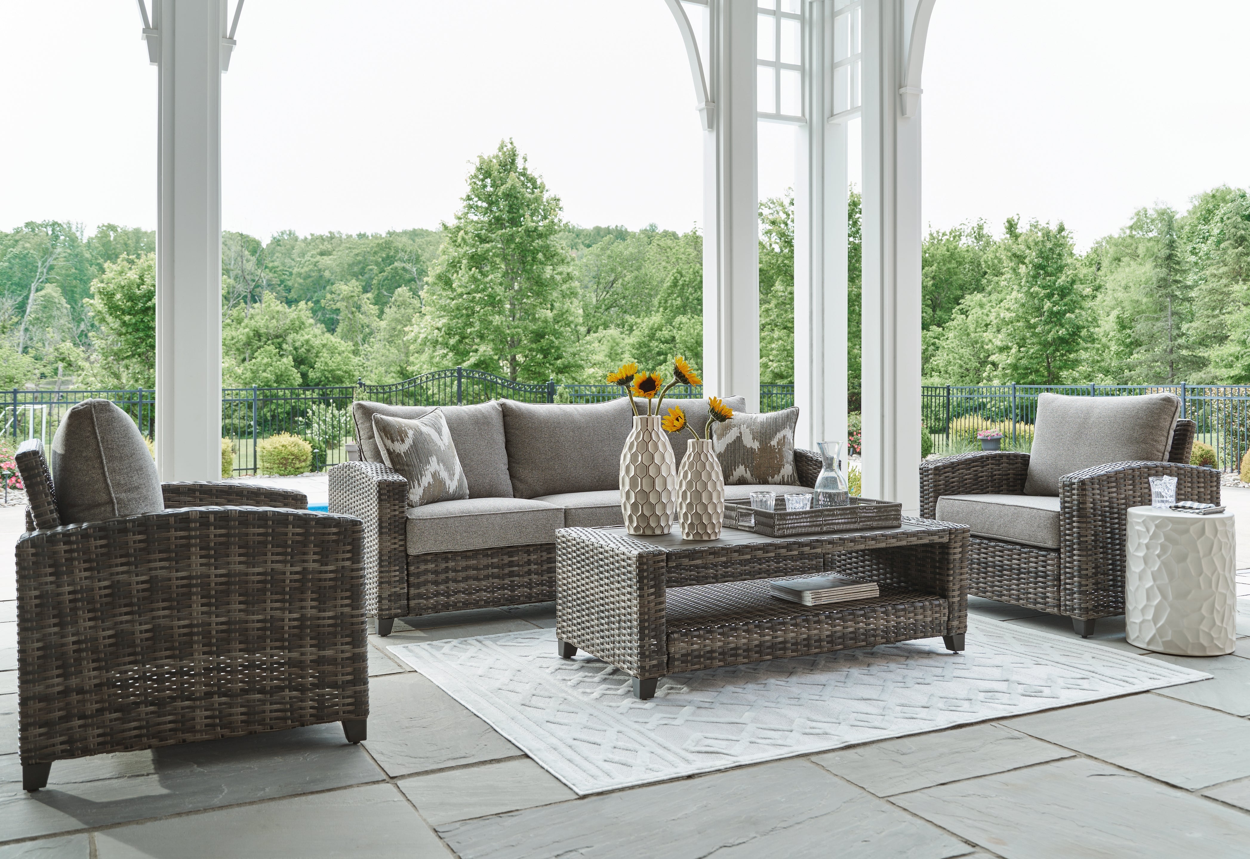 Family Deals Furniture - Ashley Furniture - Oasis Court Outdoor - Sofa/Chairs/Table Set (4/CN) / Gray - P335-081