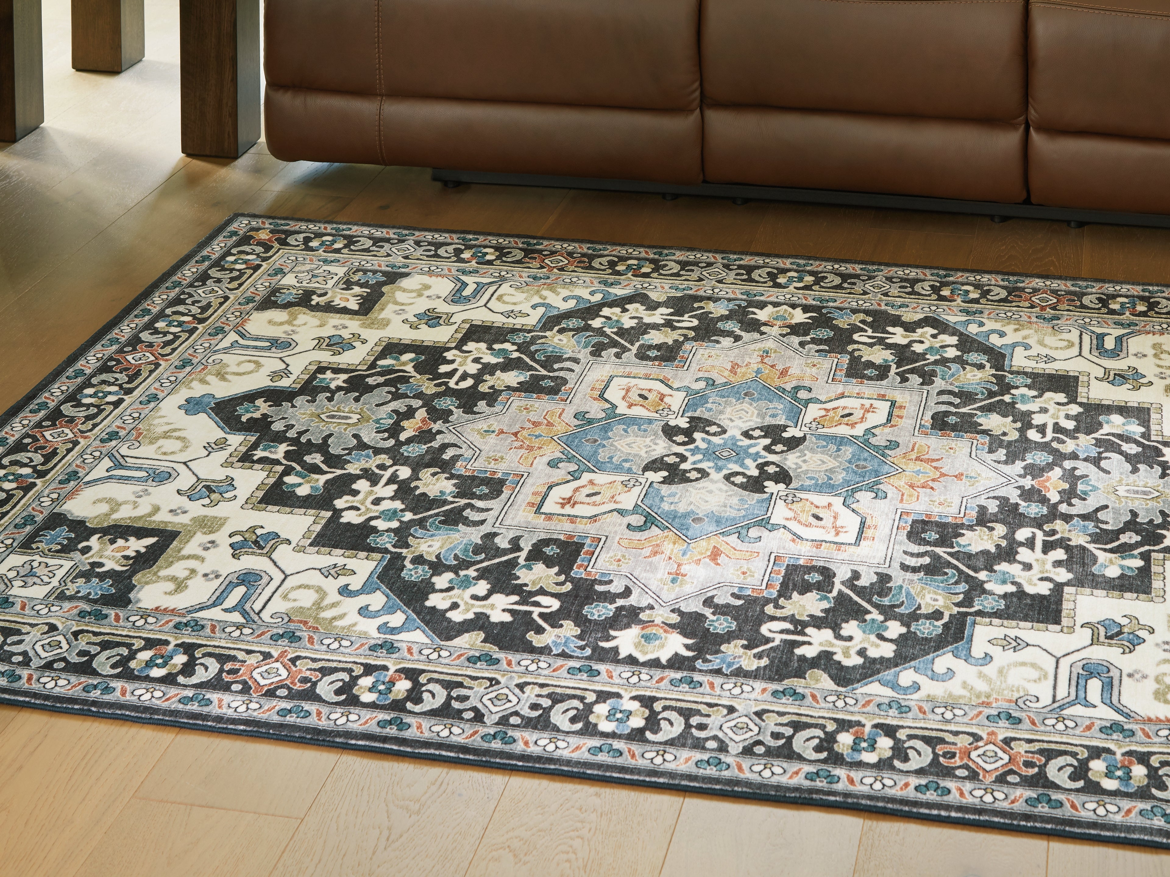 Family Deals Furniture - Ashley Furniture - Leningston Rug - 5' x 7' Washable Rug / Black/Cream/Blue - R407062