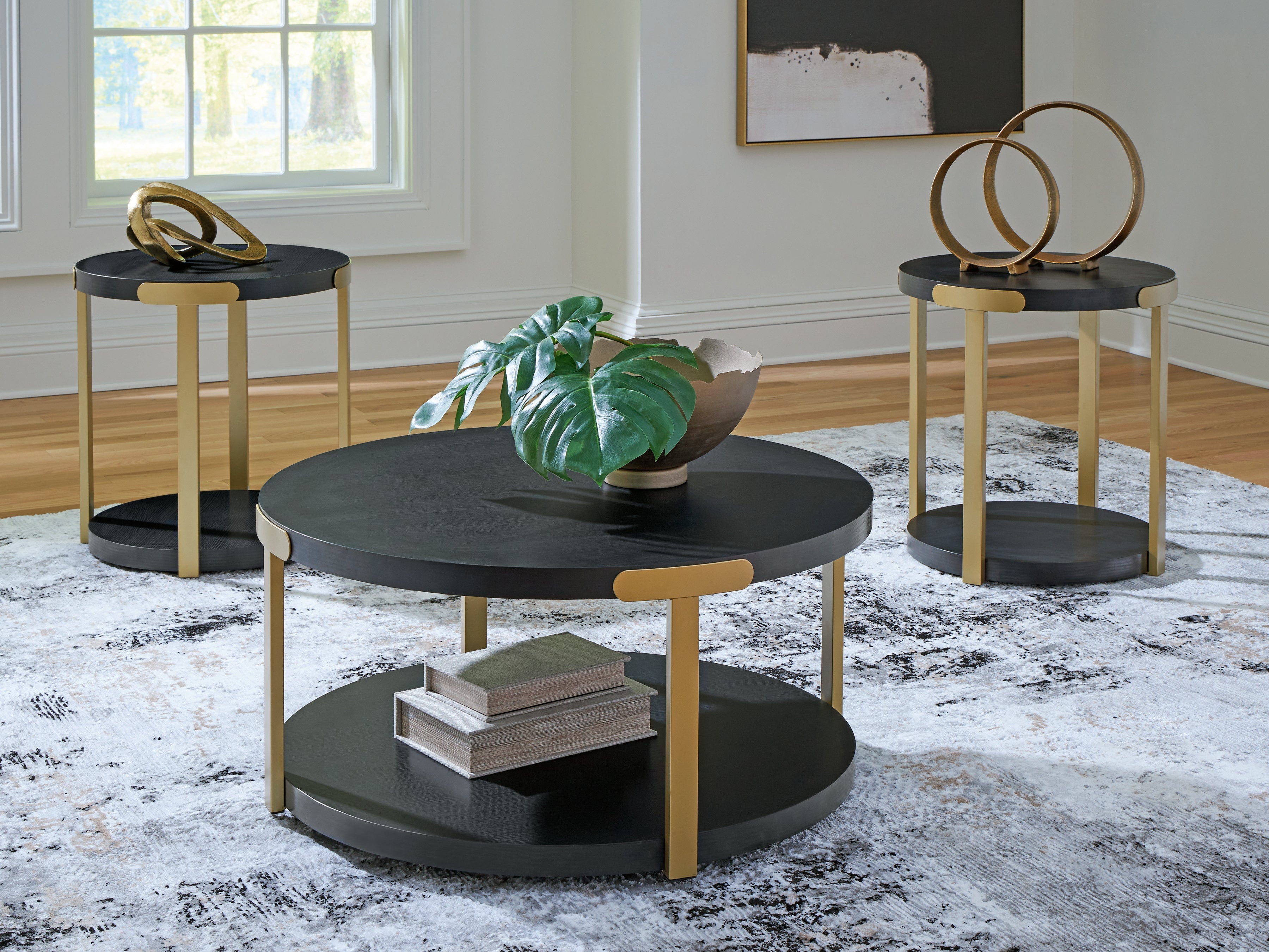 Family Deals Furniture - Ashley Furniture - Shylore Table (Set of 3) - Occasional Table Set (3/CN) / Black/Brass Finish - T410-13