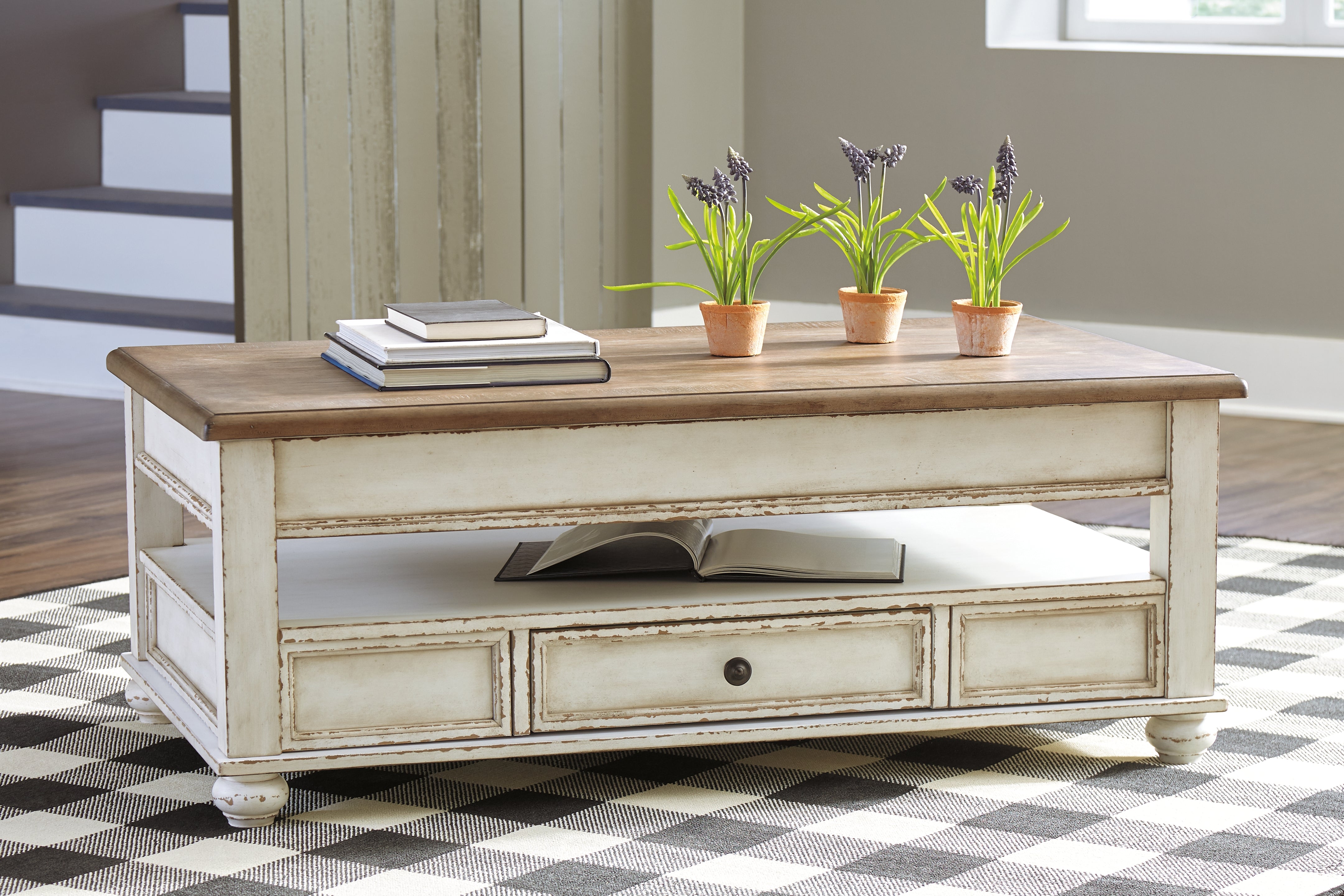 Family Deals Furniture - Ashley Furniture - Realyn Coffee Table with Lift Top - Lift Top Cocktail Table / White/Brown - T523-9