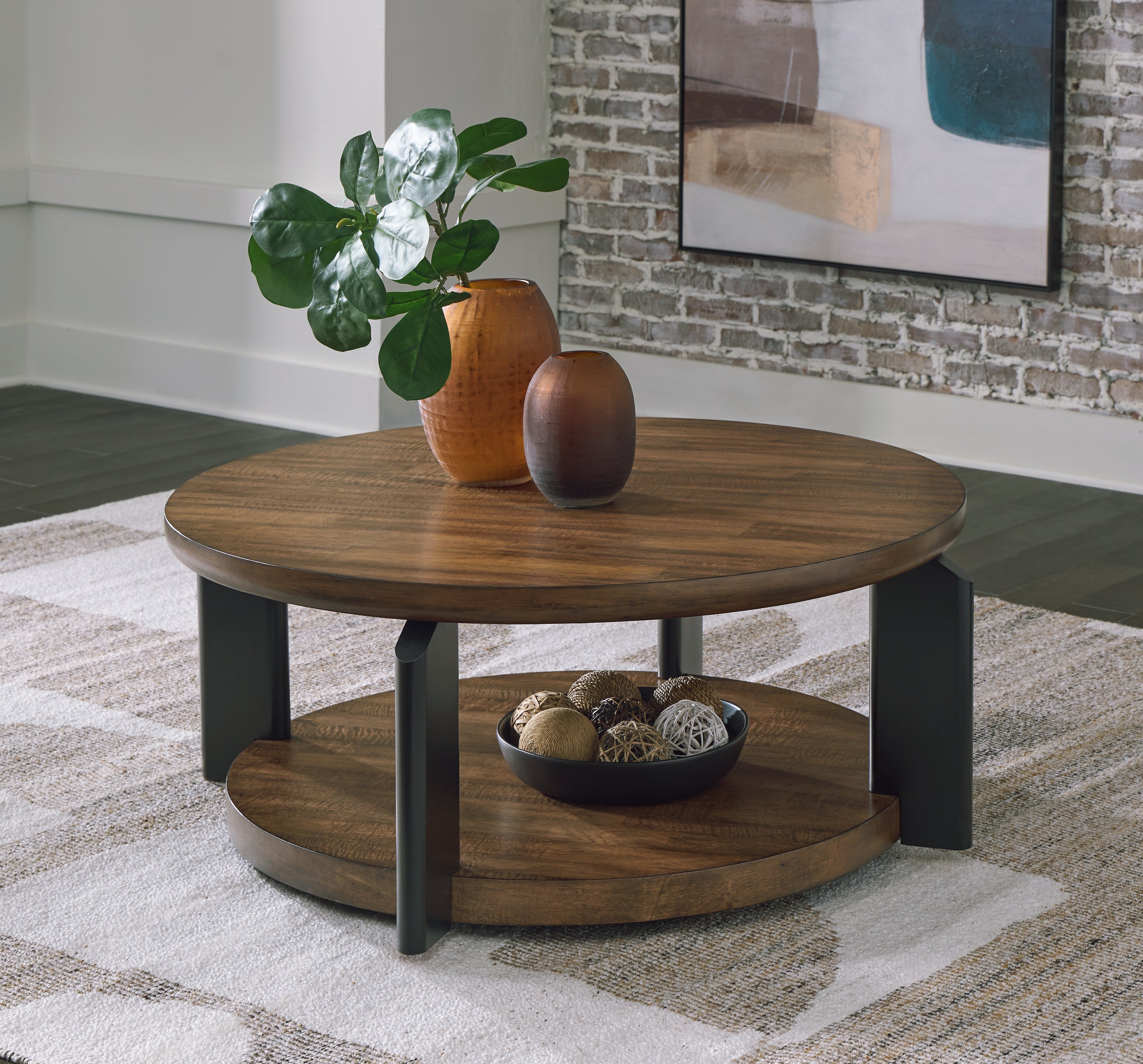 Family Deals Furniture - Ashley Furniture - Kraeburn Coffee Table - Round Cocktail Table / Brown/Black - T624-8