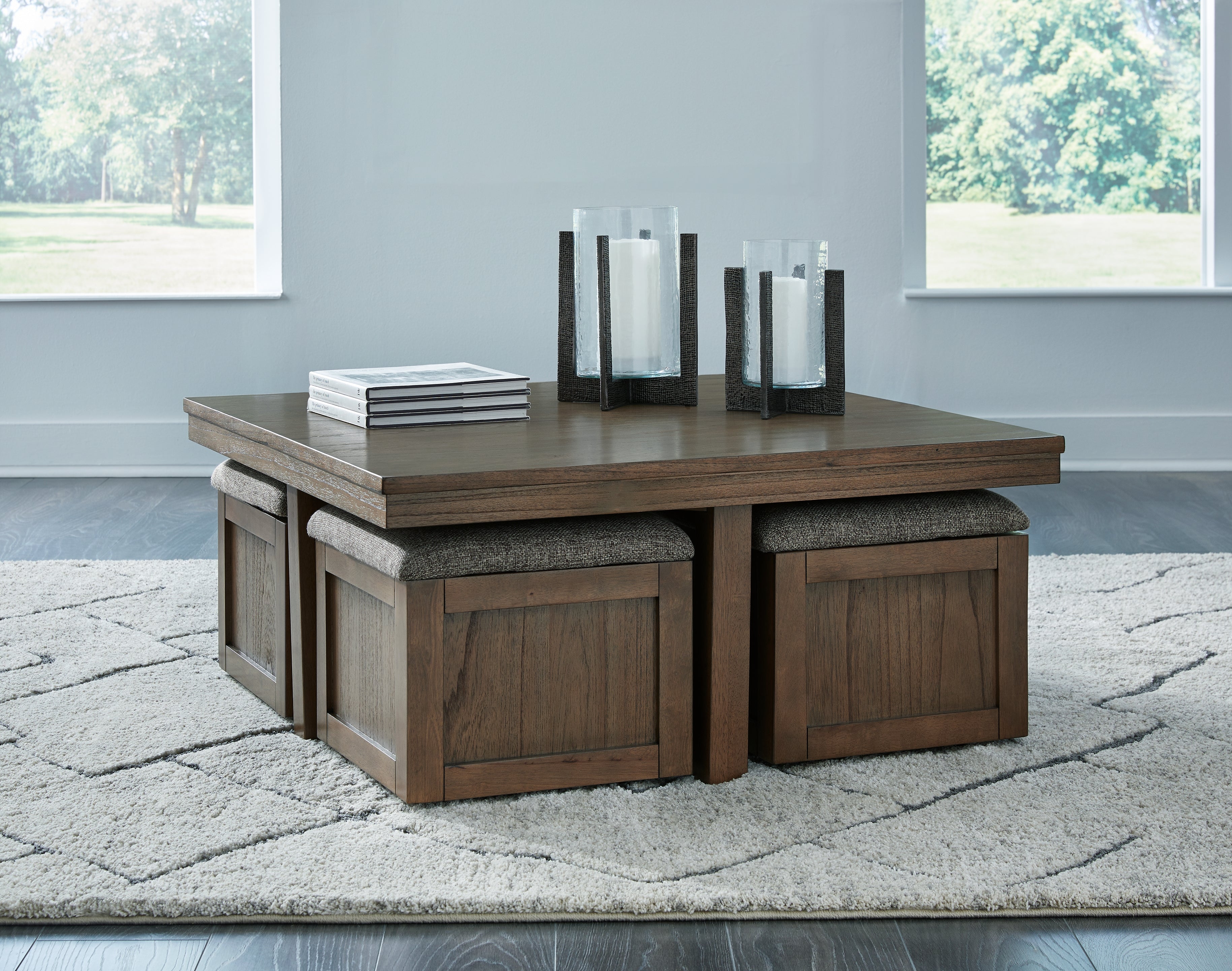 Family Deals Furniture - Ashley Furniture - Boardernest Coffee Table with 4 Stools - Cocktail TBL w/4 Stools (5/CN) / Brown - T738-20