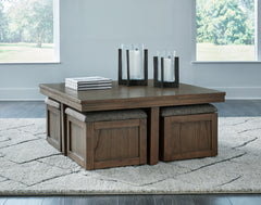 Family Deals Furniture - Ashley Furniture - Boardernest Coffee Table with 4 Stools - Cocktail TBL w/4 Stools (5/CN) / Brown - T738-20