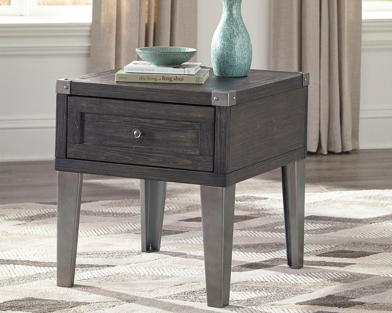 Family Deals Furniture - Ashley Furniture - Todoe End Table with USB Ports & Outlets - Rectangular End Table / Dark Gray - T901-3