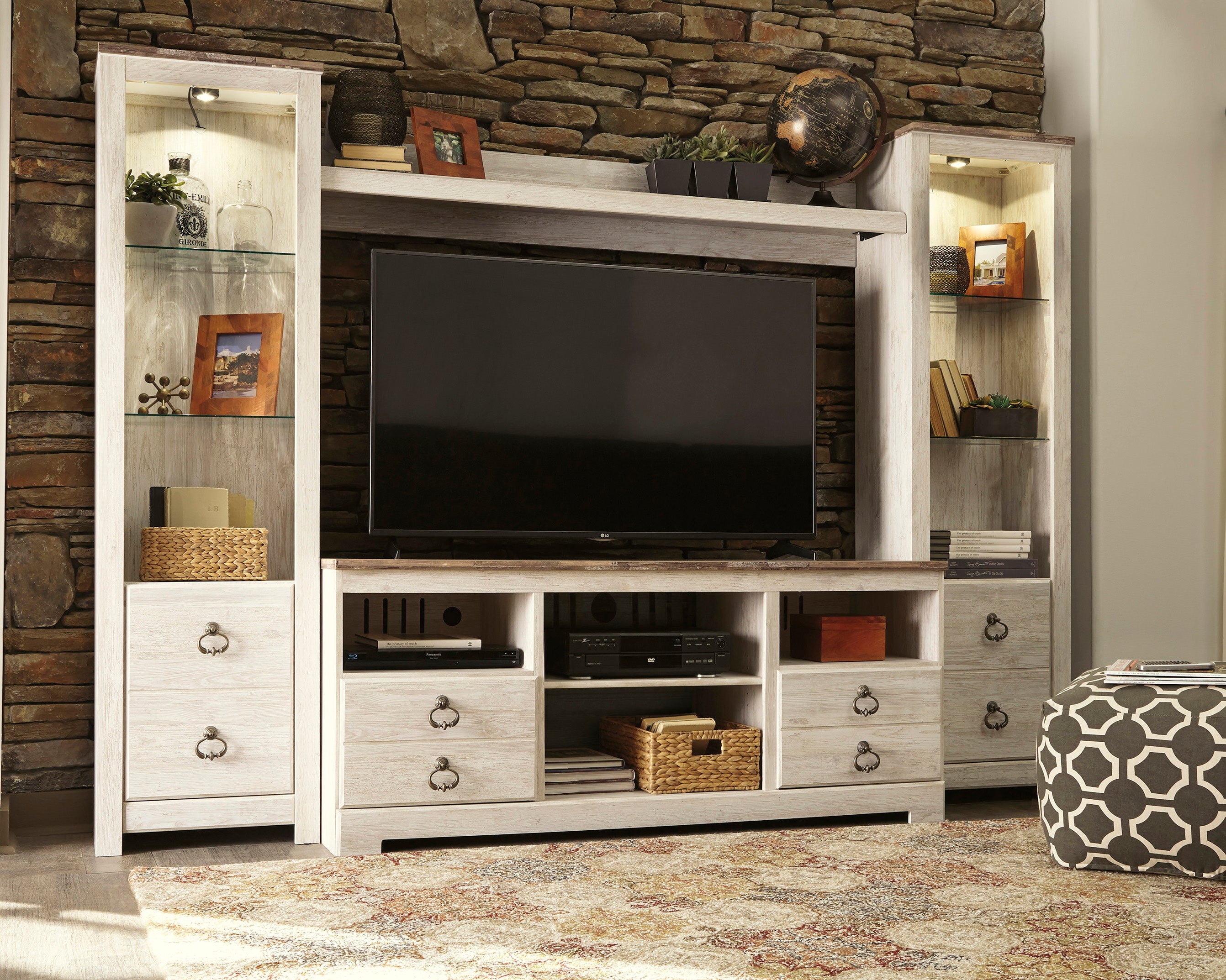 Family Deals Furniture - Ashley Furniture - Willowton Entertainment Center - 4-Piece Entertainment Center / Whitewash - W267W3