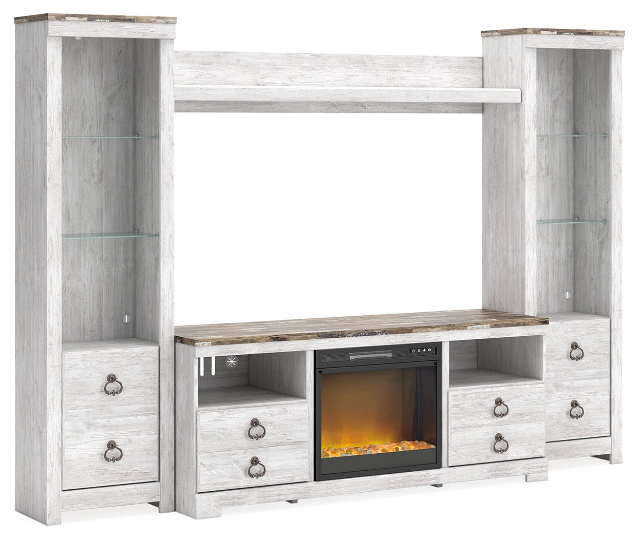 Family Deals Furniture - Ashley Furniture - Willowton 4-Piece Entertainment Center with Electric Fireplace - 4-Piece Entertainment Center with Electric Fireplace / Whitewash - W267W4