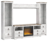 Family Deals Furniture - Ashley Furniture - Willowton 4-Piece Entertainment Center with Electric Fireplace - 4-Piece Entertainment Center with Electric Fireplace / Whitewash - W267W4