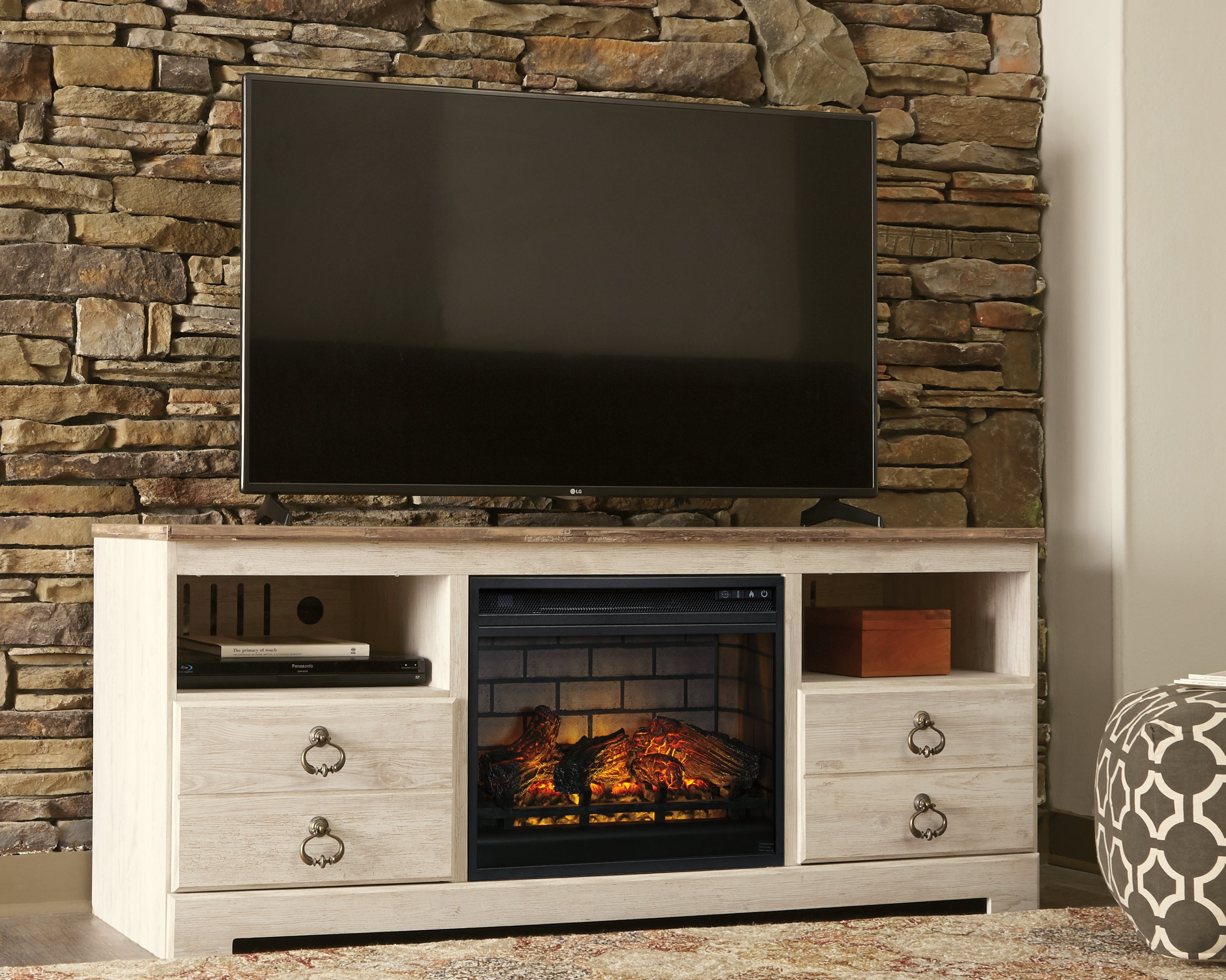 Family Deals Furniture - Ashley Furniture - Willowton 64" TV Stand with Electric Fireplace - 64" TV Stand with Electric Fireplace / Whitewash - W267W8