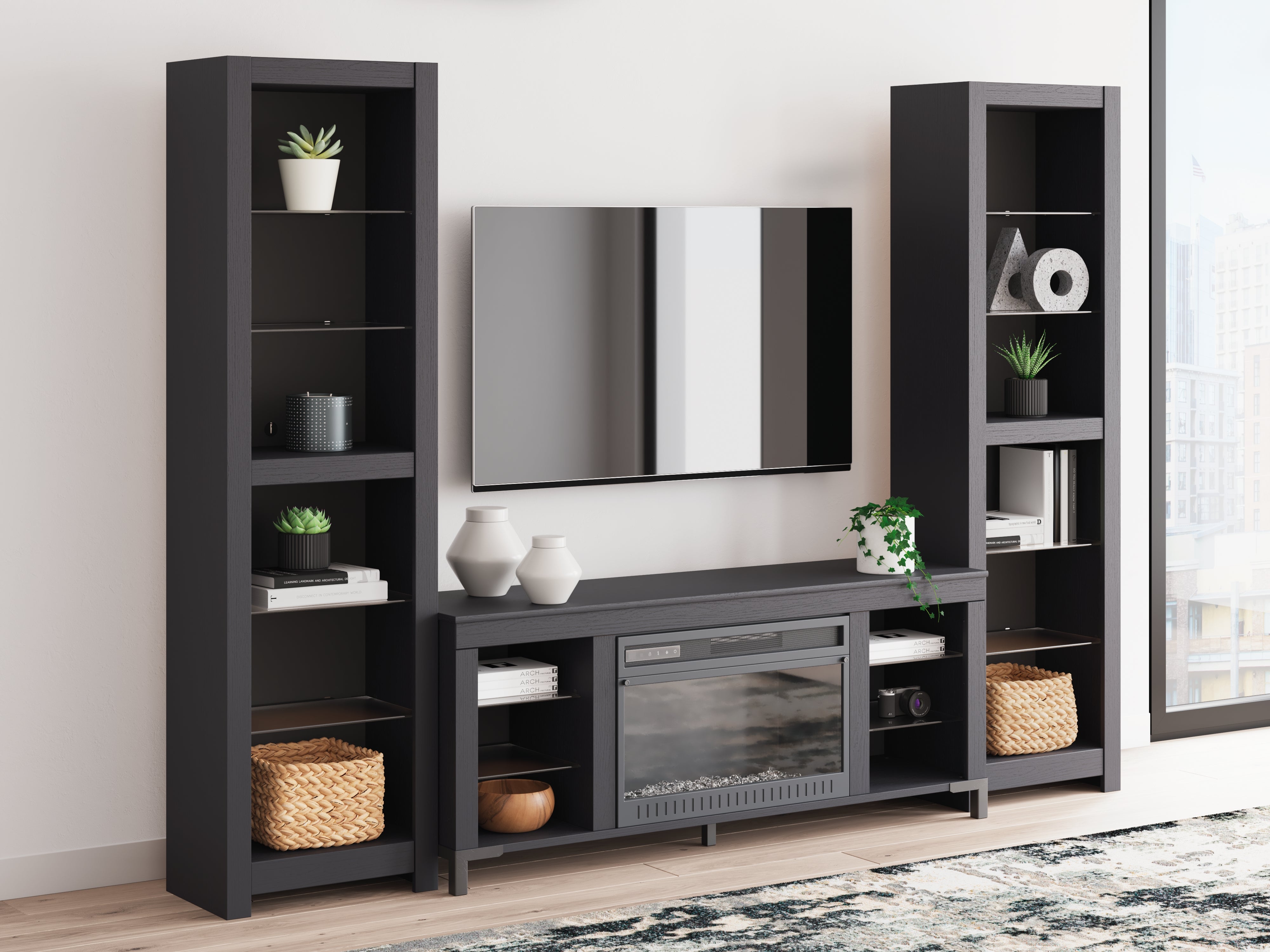 Family Deals Furniture - Ashley Furniture - Cayberry 3-Piece Entertainment Center with Electric Fireplace - 3-Piece Entertainment Center with Electric Fireplace / Black - W2721W2