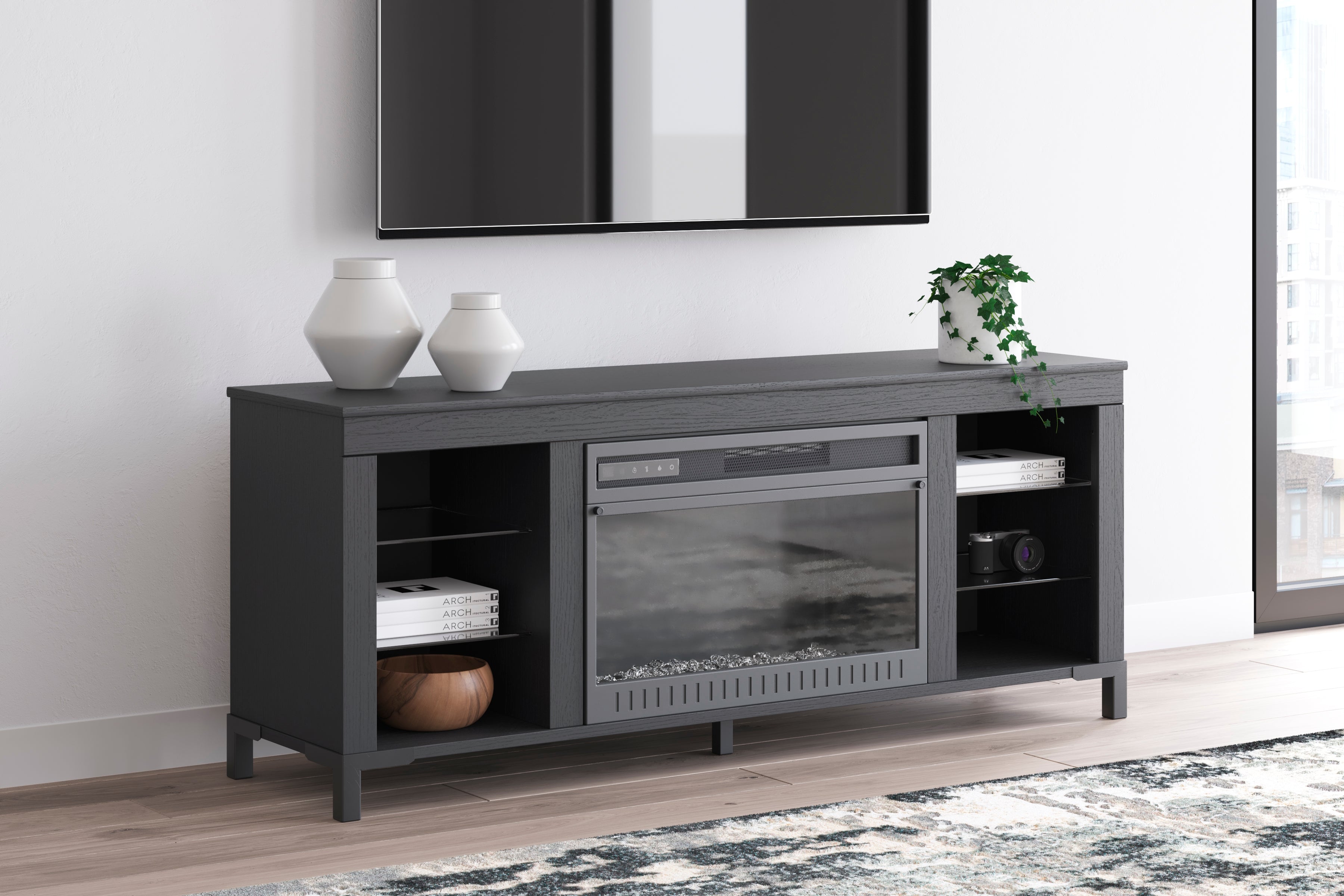Family Deals Furniture - Ashley Furniture - Cayberry TV Stand - 60" with Electric Fireplace / Black - W2721-168