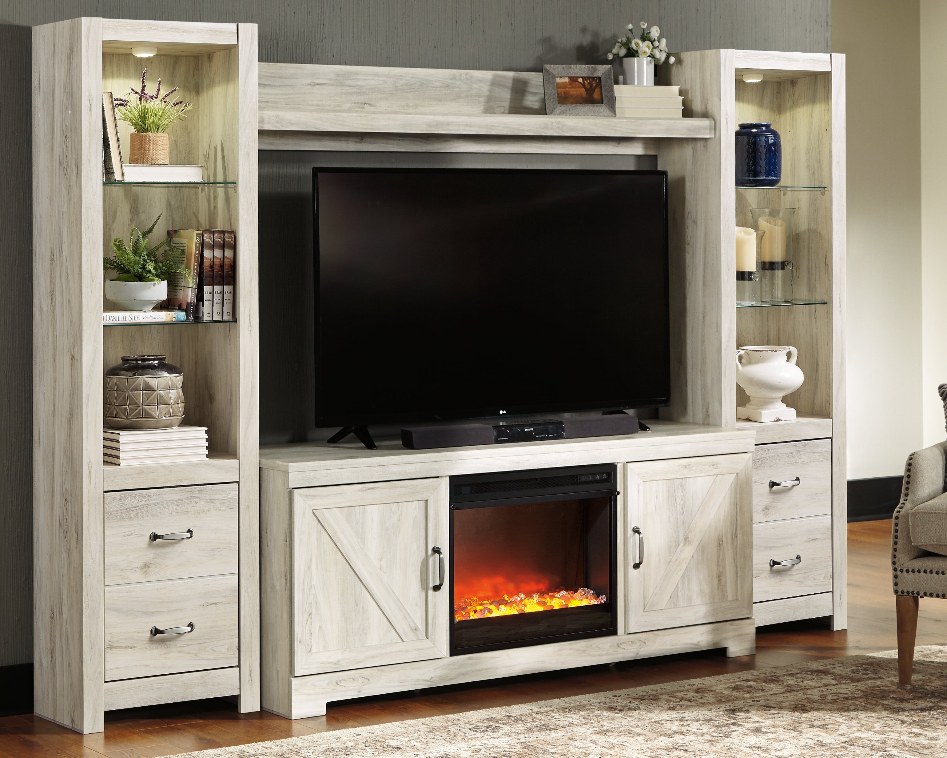 Family Deals Furniture - Ashley Furniture - Bellaby 4-Piece Entertainment Center with Fireplace - 4-Piece Entertainment Center with Fireplace / Whitewash - W331W5