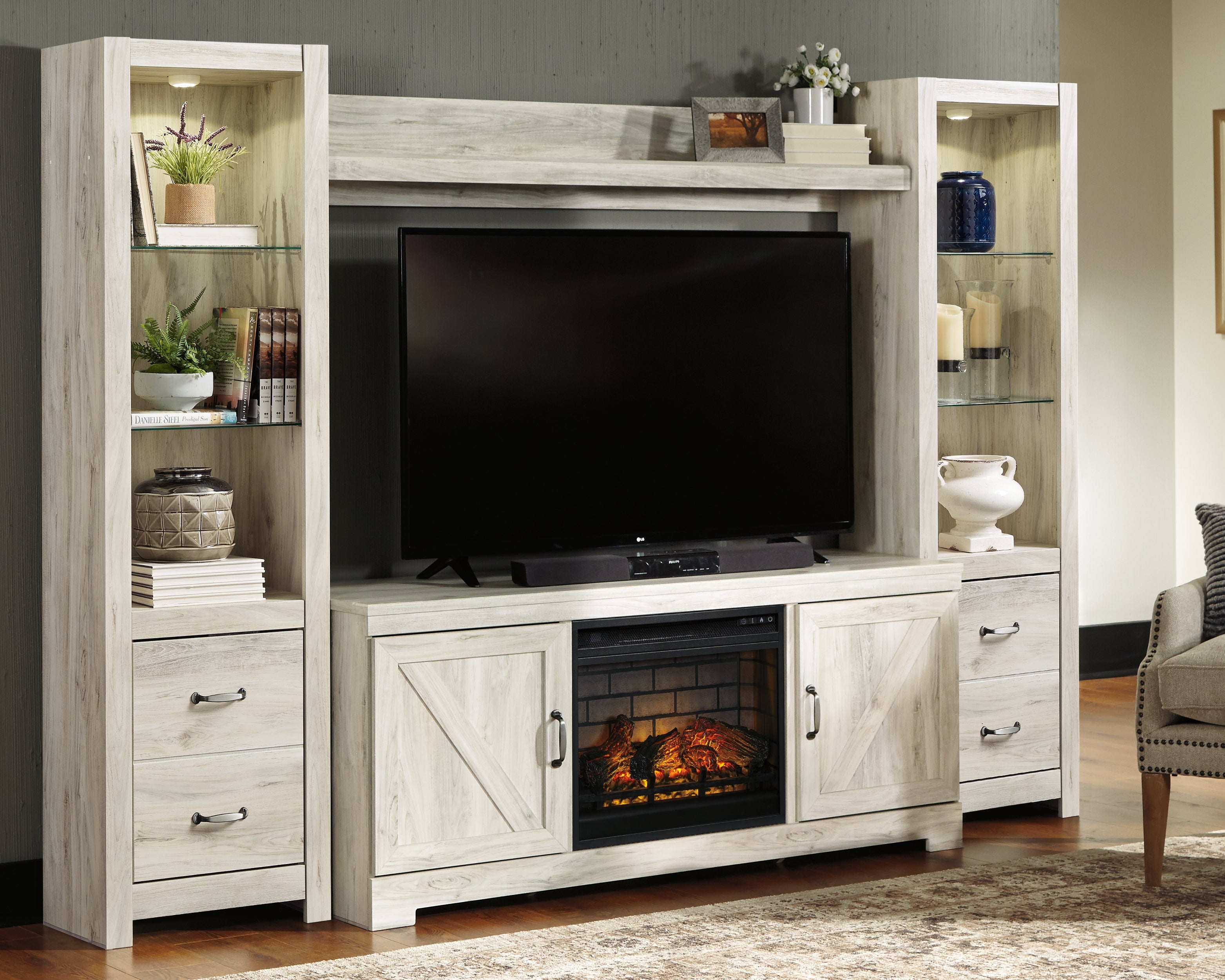 Family Deals Furniture - Ashley Furniture - Bellaby 4-Piece Entertainment Center with Electric Fireplace - 4-Piece Entertainment Center with Electric Fireplace / Whitewash - W331W8