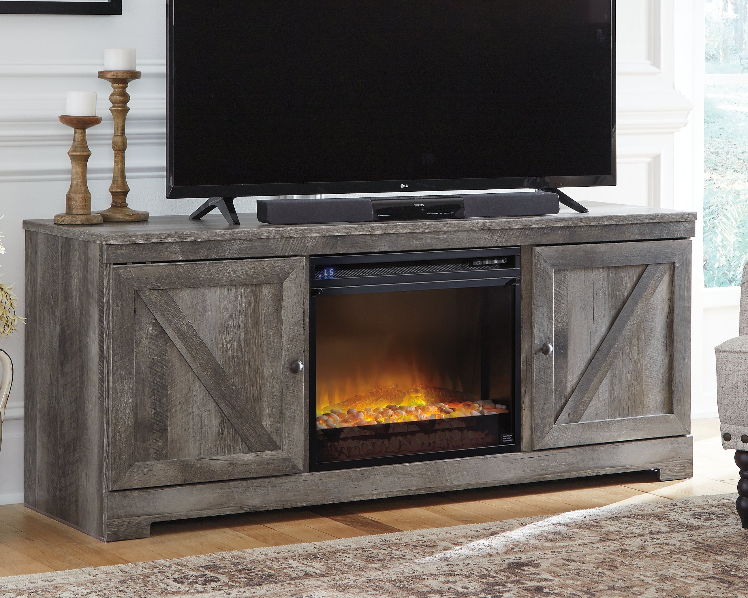 Family Deals Furniture - Ashley Furniture - Wynnlow 63" TV Stand with Electric Fireplace - 63" TV Stand with Electric Fireplace / Gray - W440W4