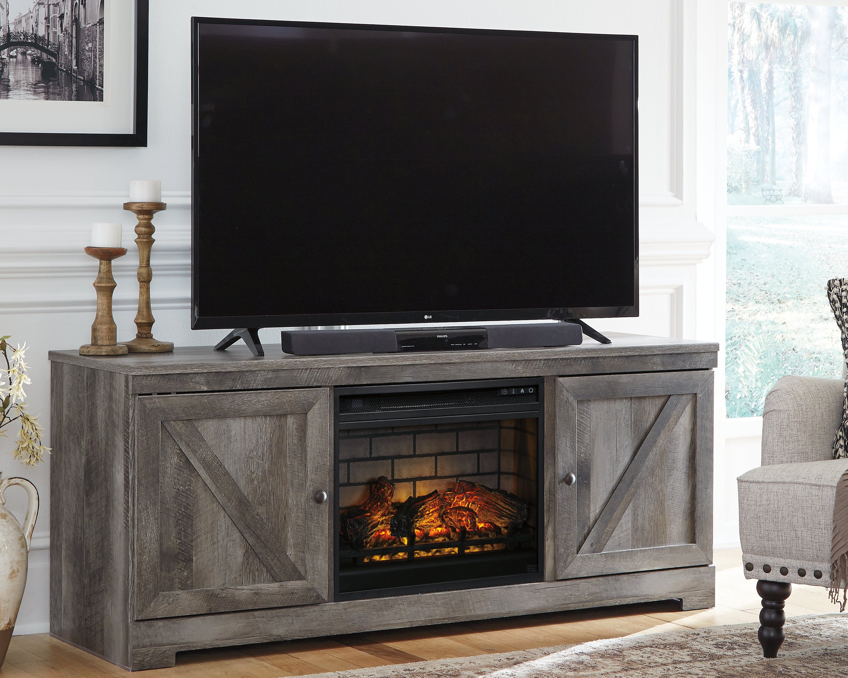 Family Deals Furniture - Ashley Furniture - Wynnlow 63" TV Stand with Electric Fireplace - 63" TV Stand with Electric Fireplace / Gray - W440W9