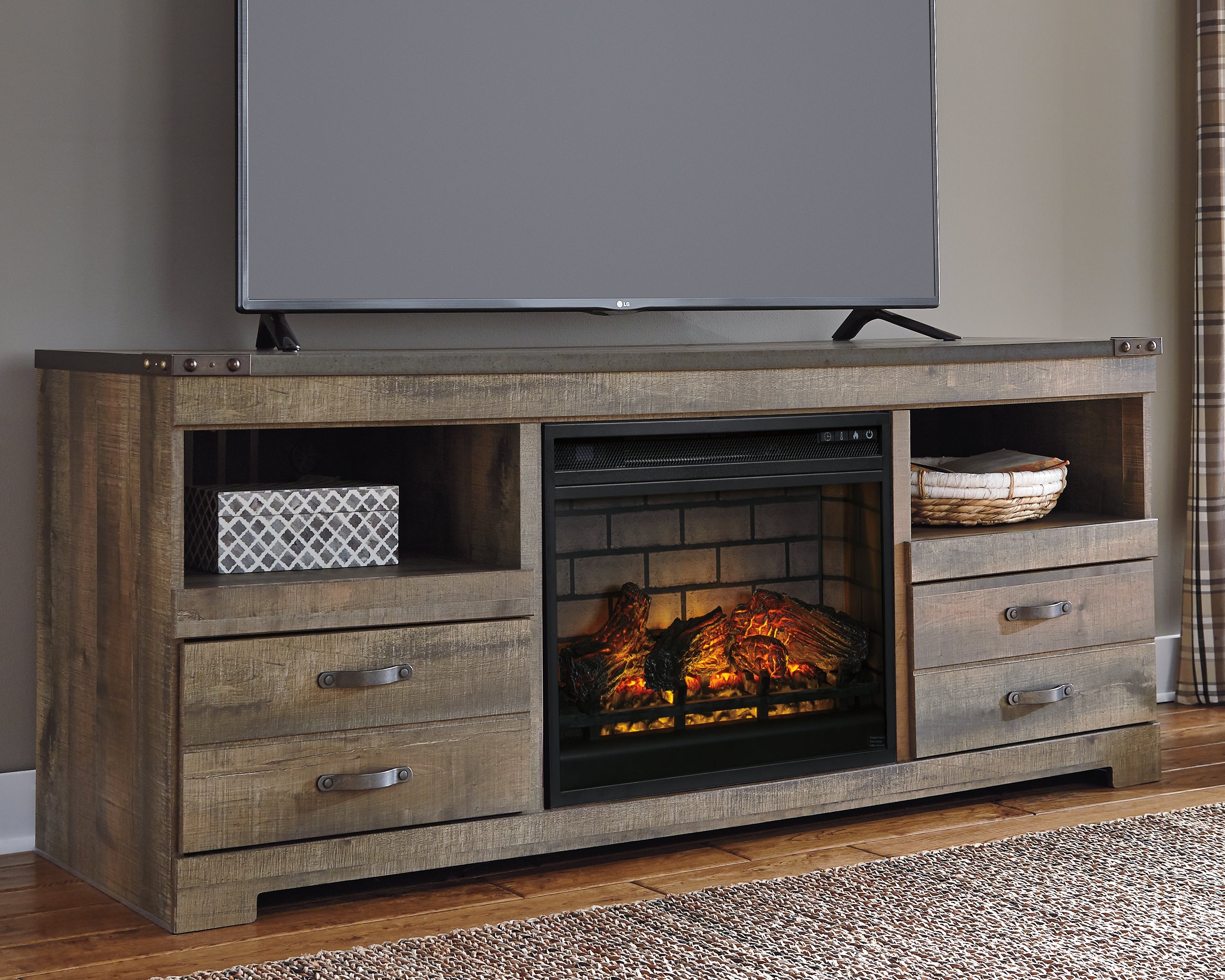 Family Deals Furniture - Ashley Furniture - Trinell 63" TV Stand with Electric Fireplace - 63" TV Stand with Electric Fireplace / Brown - W446W9