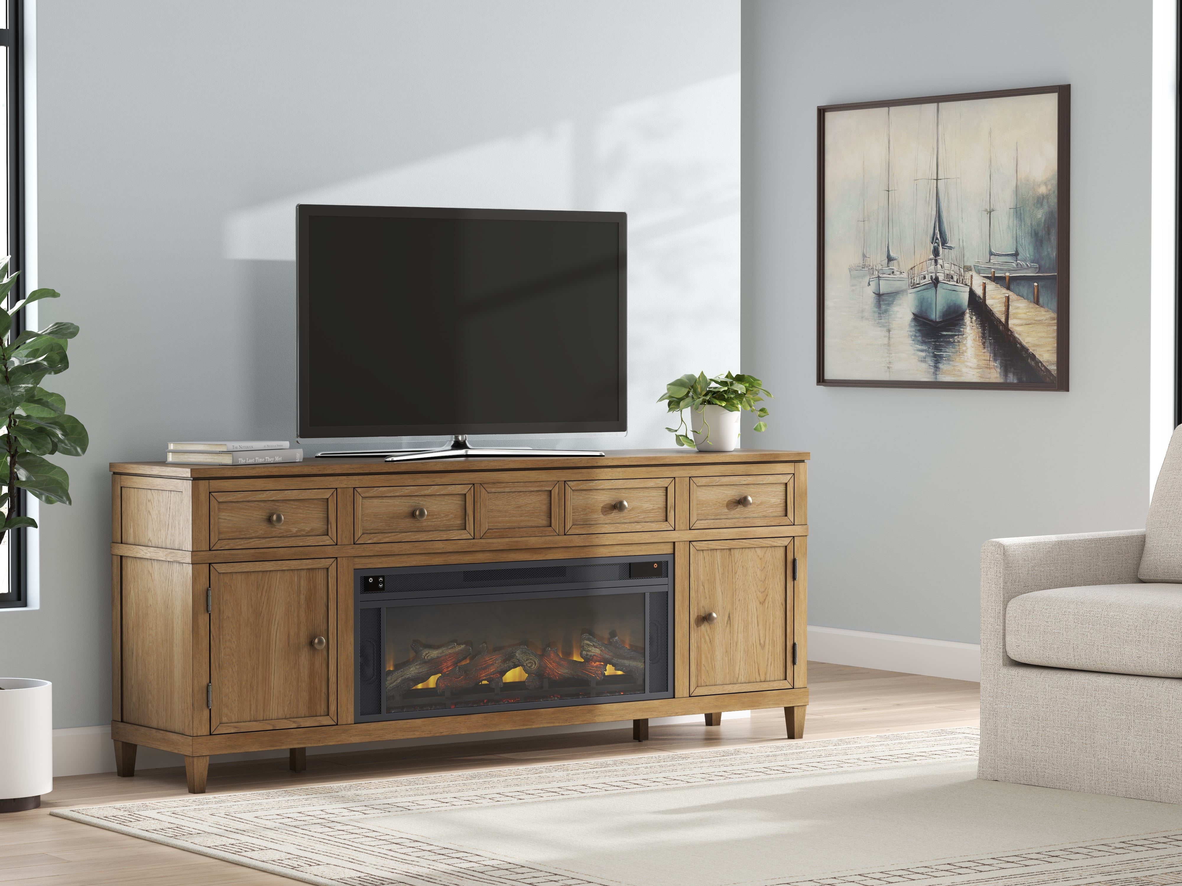 Family Deals Furniture - Ashley Furniture - Sharlance 81" TV Stand with Electric Fireplace - 81" TV Stand with Electric Fireplace / Light Brown - W655W1