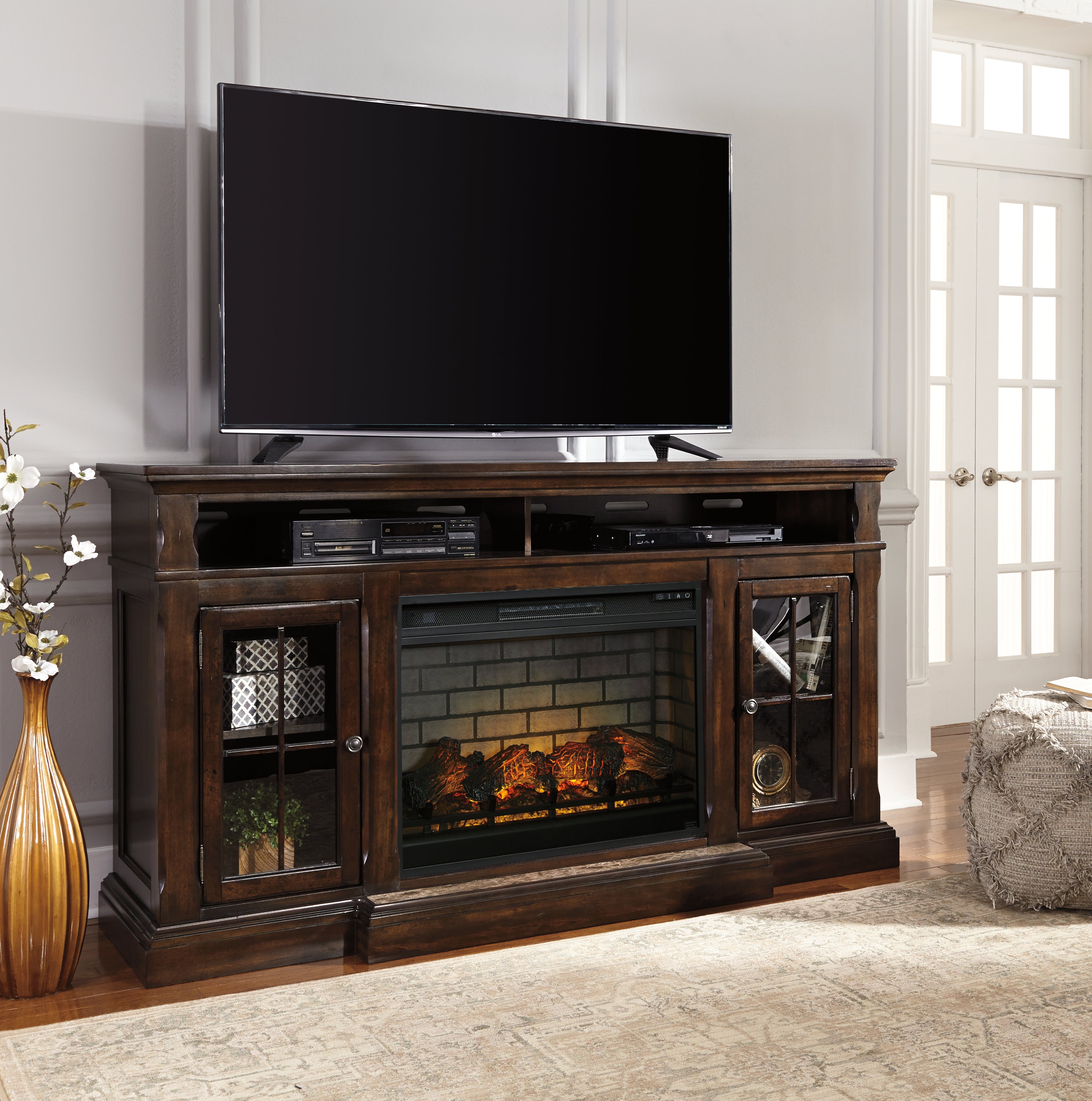 Family Deals Furniture - Ashley Furniture - Roddinton 72" TV Stand with Electric Fireplace - 72" TV Stand with Electric Fireplace / Dark Brown - W701W8