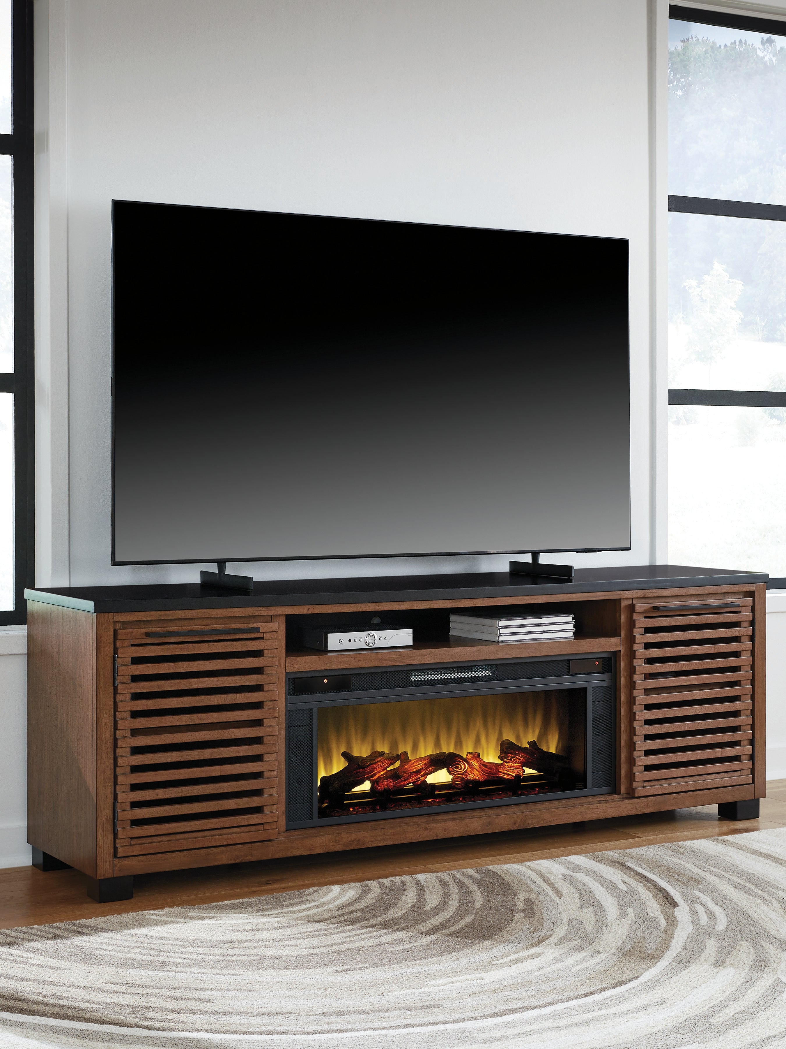 Family Deals Furniture - Ashley Furniture - Kallari 84" TV Stand with Electric Fireplace - 84" TV Stand with Electric Fireplace / Warm Brown/Black - W737W1