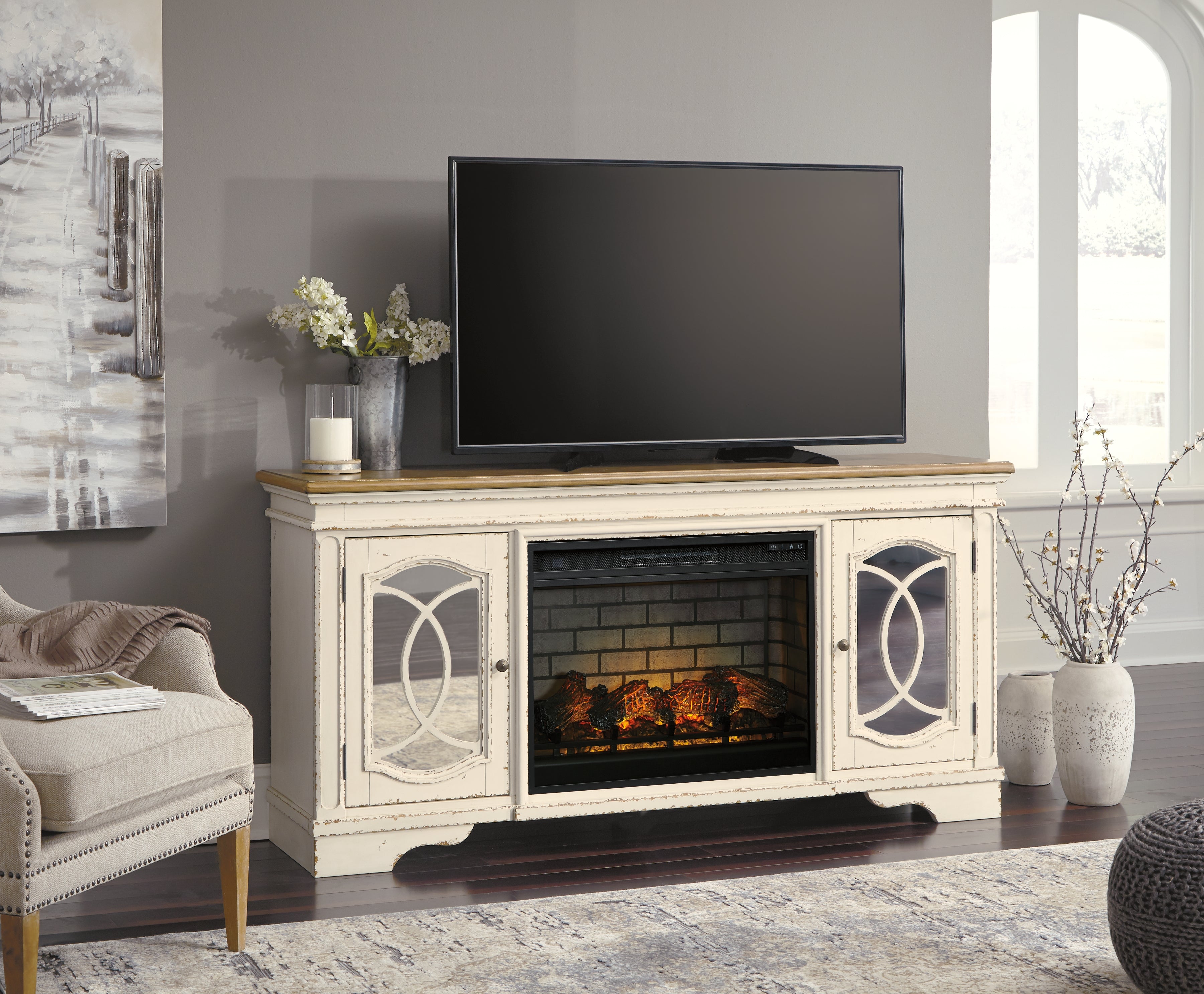 Family Deals Furniture - Ashley Furniture - Realyn 74" TV Stand with Electric Fireplace - 74" TV Stand with Electric Fireplace / Chipped White - W743W2