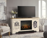 Family Deals Furniture - Ashley Furniture - Realyn 74" TV Stand with Electric Fireplace - 74" TV Stand with Electric Fireplace / Chipped White - W743W2