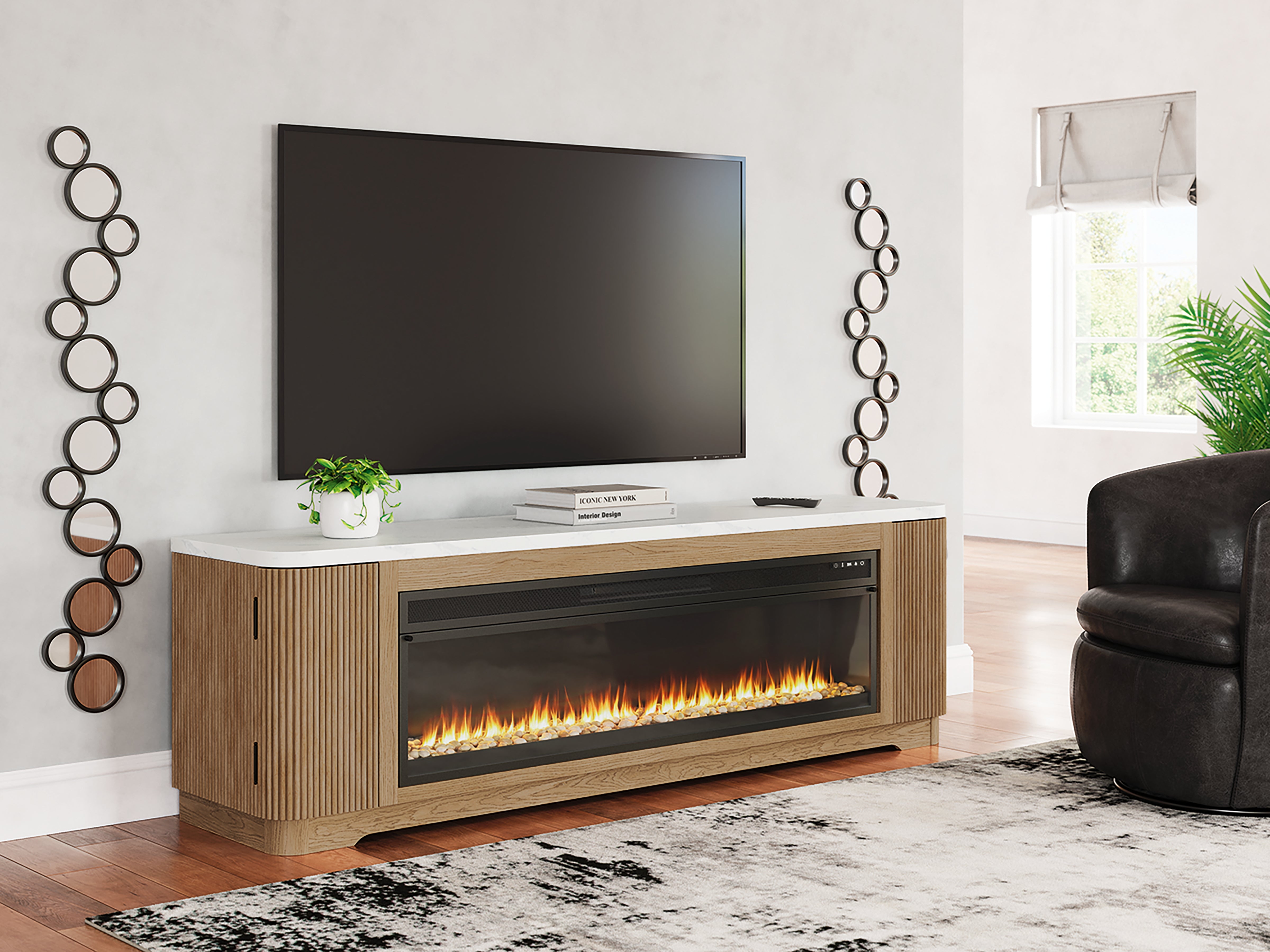 Family Deals Furniture - Ashley Furniture - Camdill 80" TV Stand with Electric Fireplace - 80" TV Stand with Electric Fireplace / Light Brown - W808W1