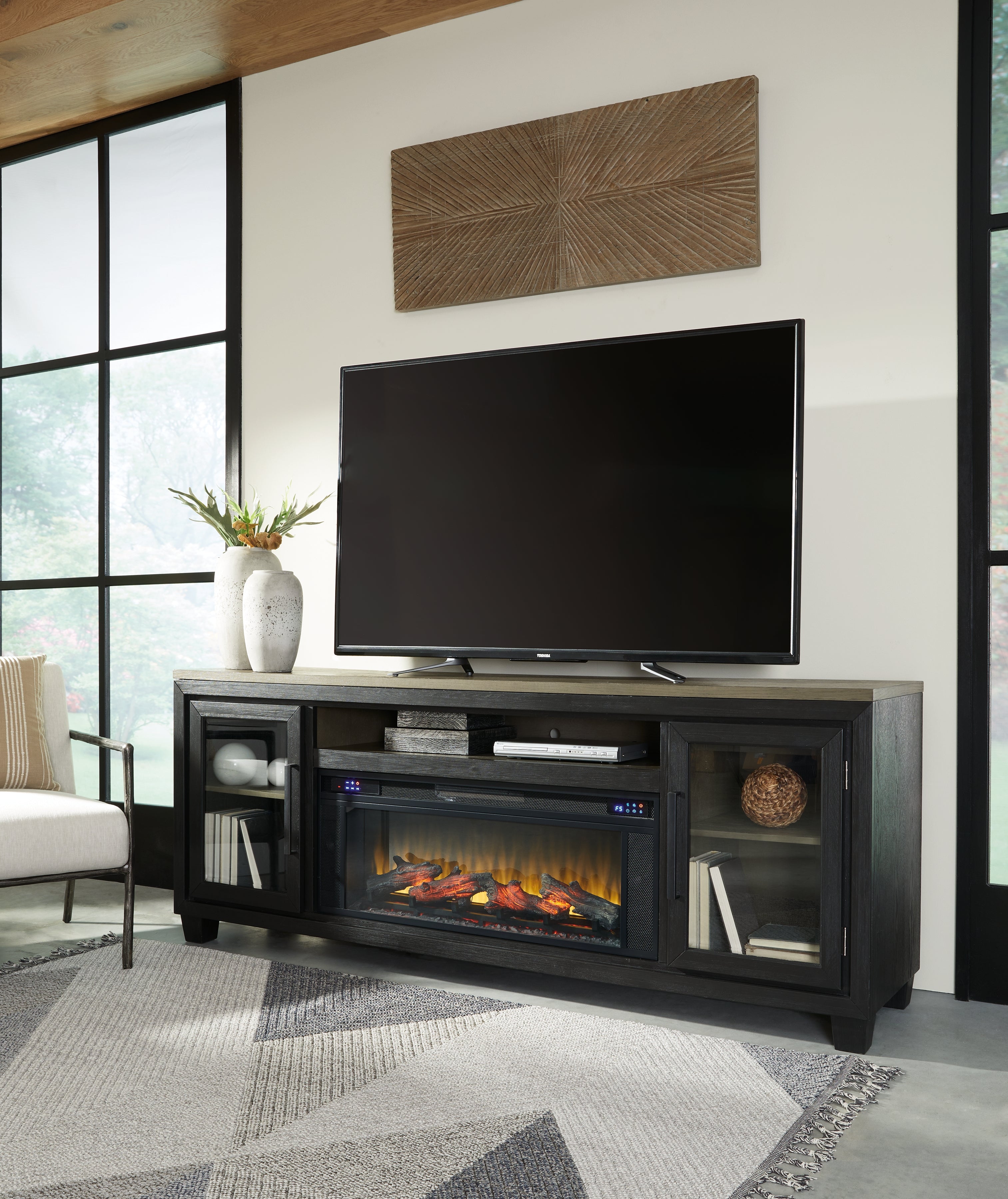 Family Deals Furniture - Ashley Furniture - Foyland 83" TV Stand with Electric Fireplace - 83" TV Stand with Electric Fireplace / Black/Brown - W989W1