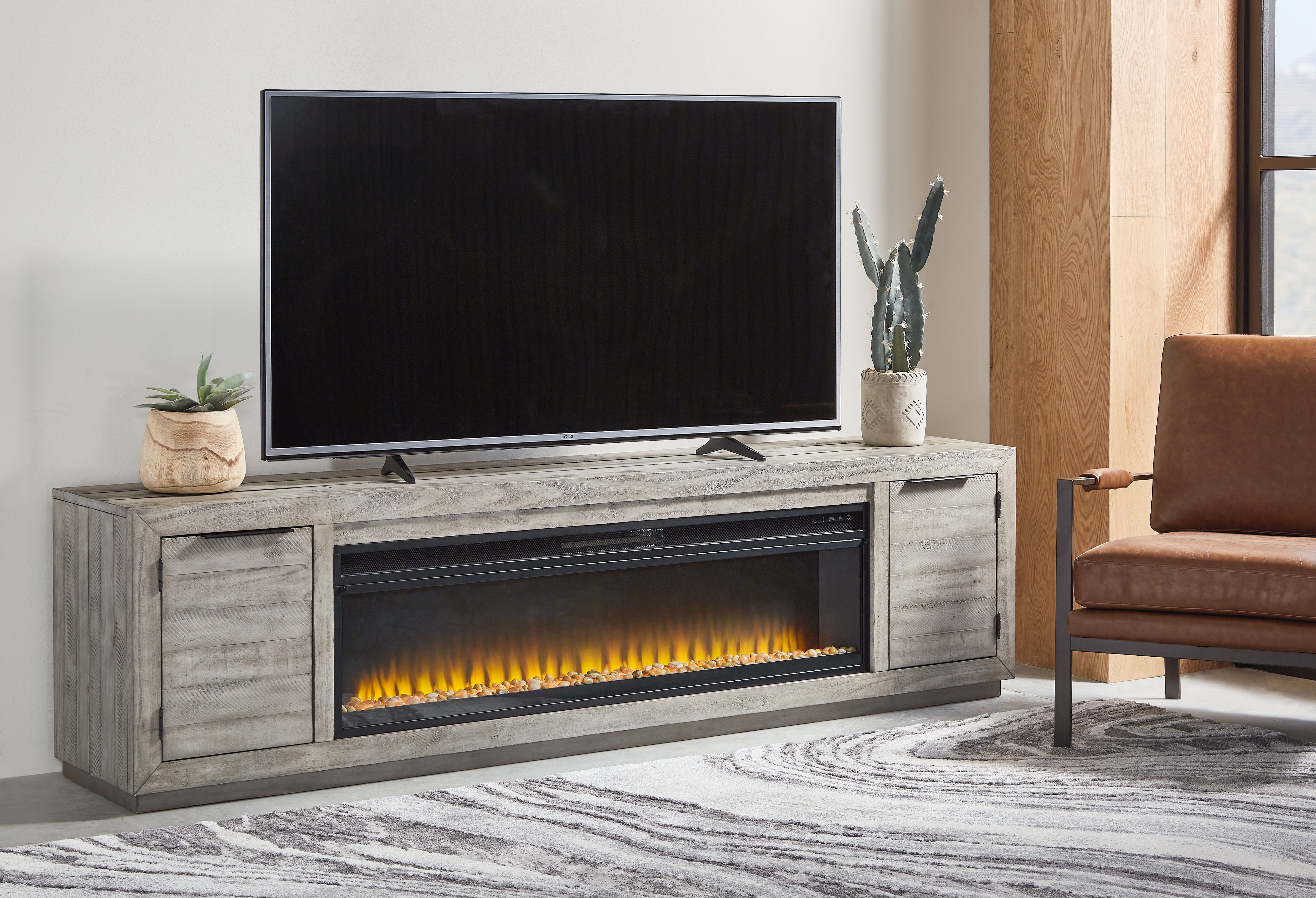 Family Deals Furniture - Ashley Furniture - Naydell 92" TV Stand with Electric Fireplace - 92" TV Stand with Electric Fireplace / Gray - W996W1