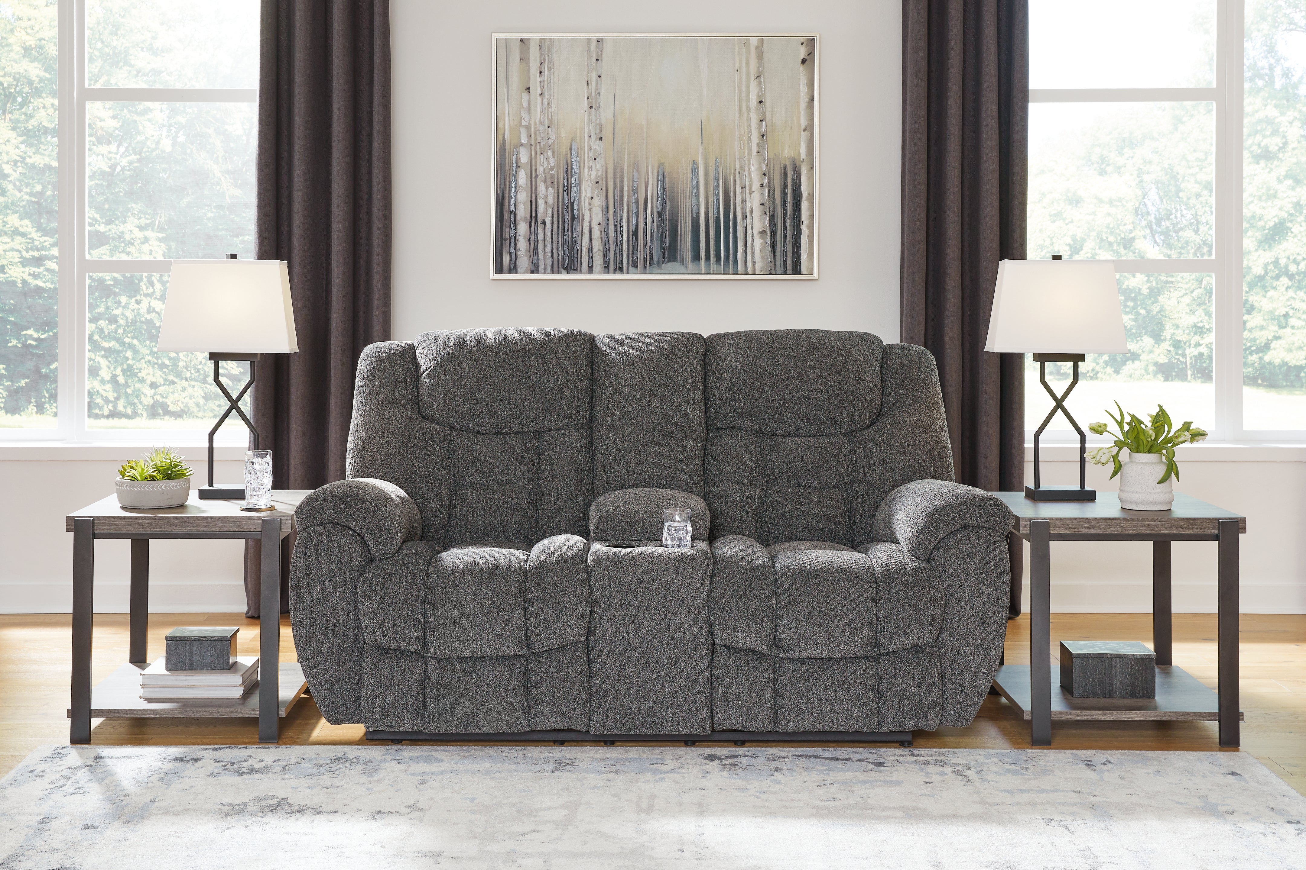 Family Deals Furniture - Ashley Furniture - Foreside Living Room - DBL Rec Loveseat w/Console / Charcoal - 3810494