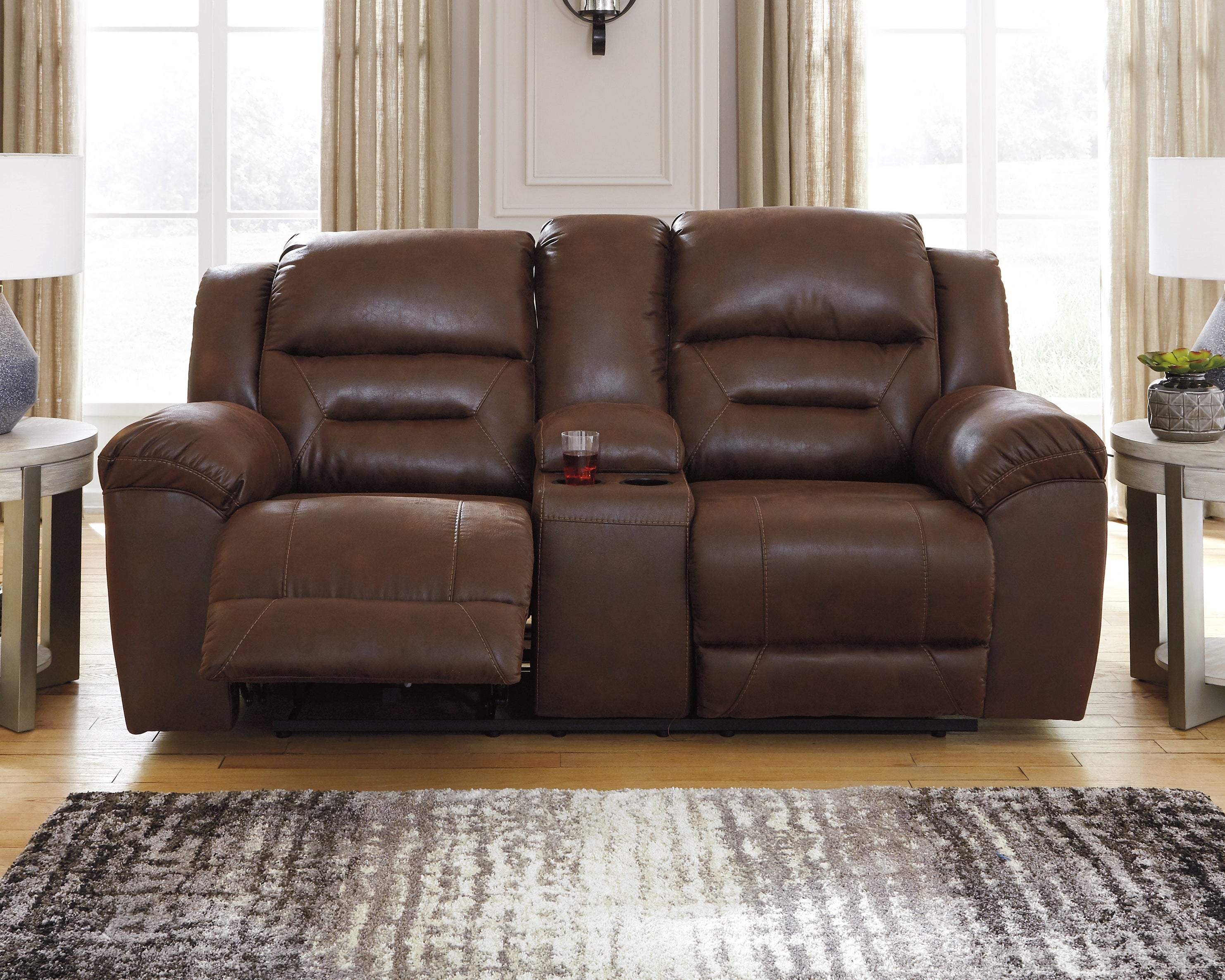 Family Deals Furniture - Ashley Furniture - Stoneland Living Room - DBL Rec Loveseat w/Console / Chocolate - 3990494