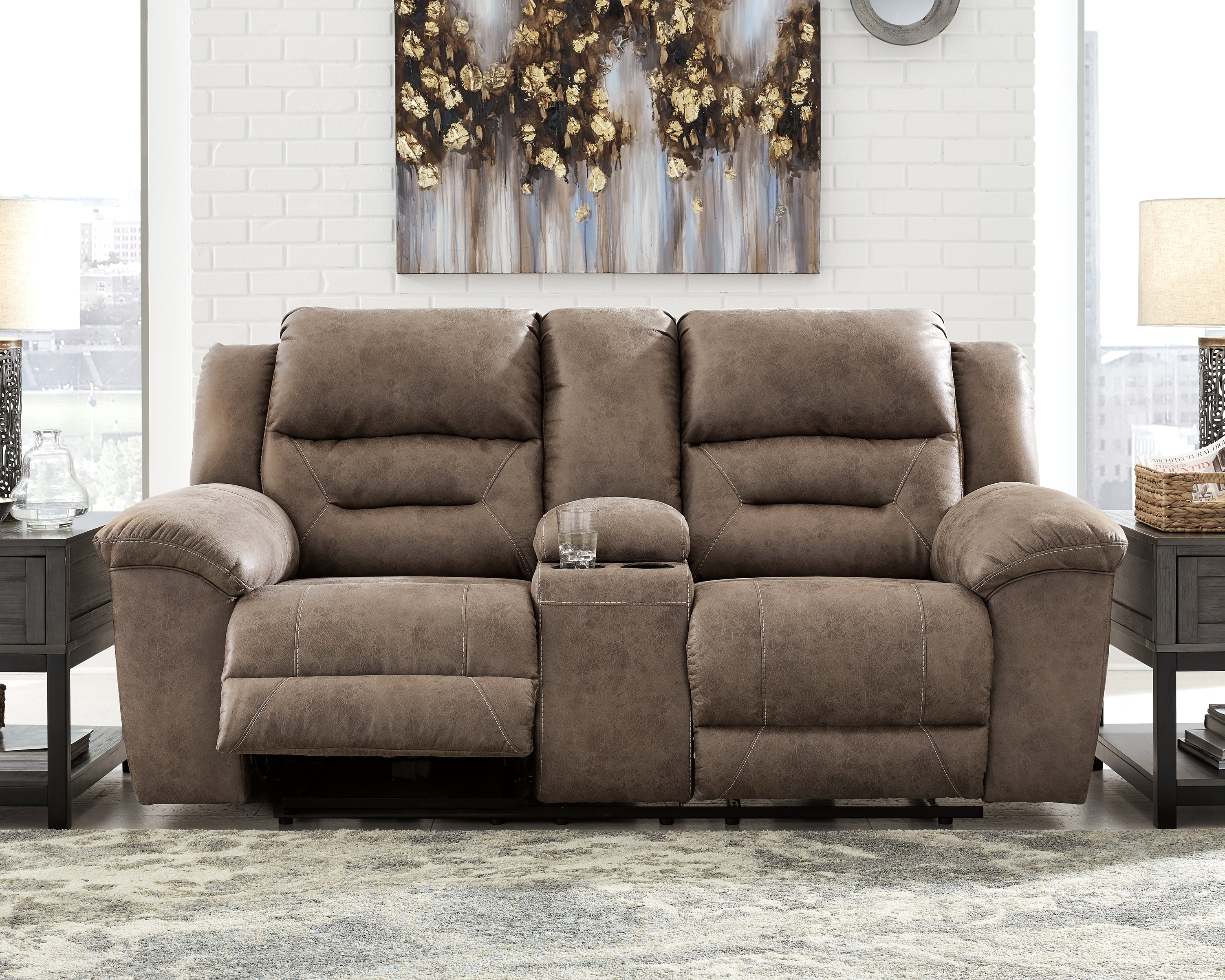 Family Deals Furniture - Ashley Furniture - Stoneland Living Room - DBL REC PWR Loveseat w/Console / Fossil - 3990596