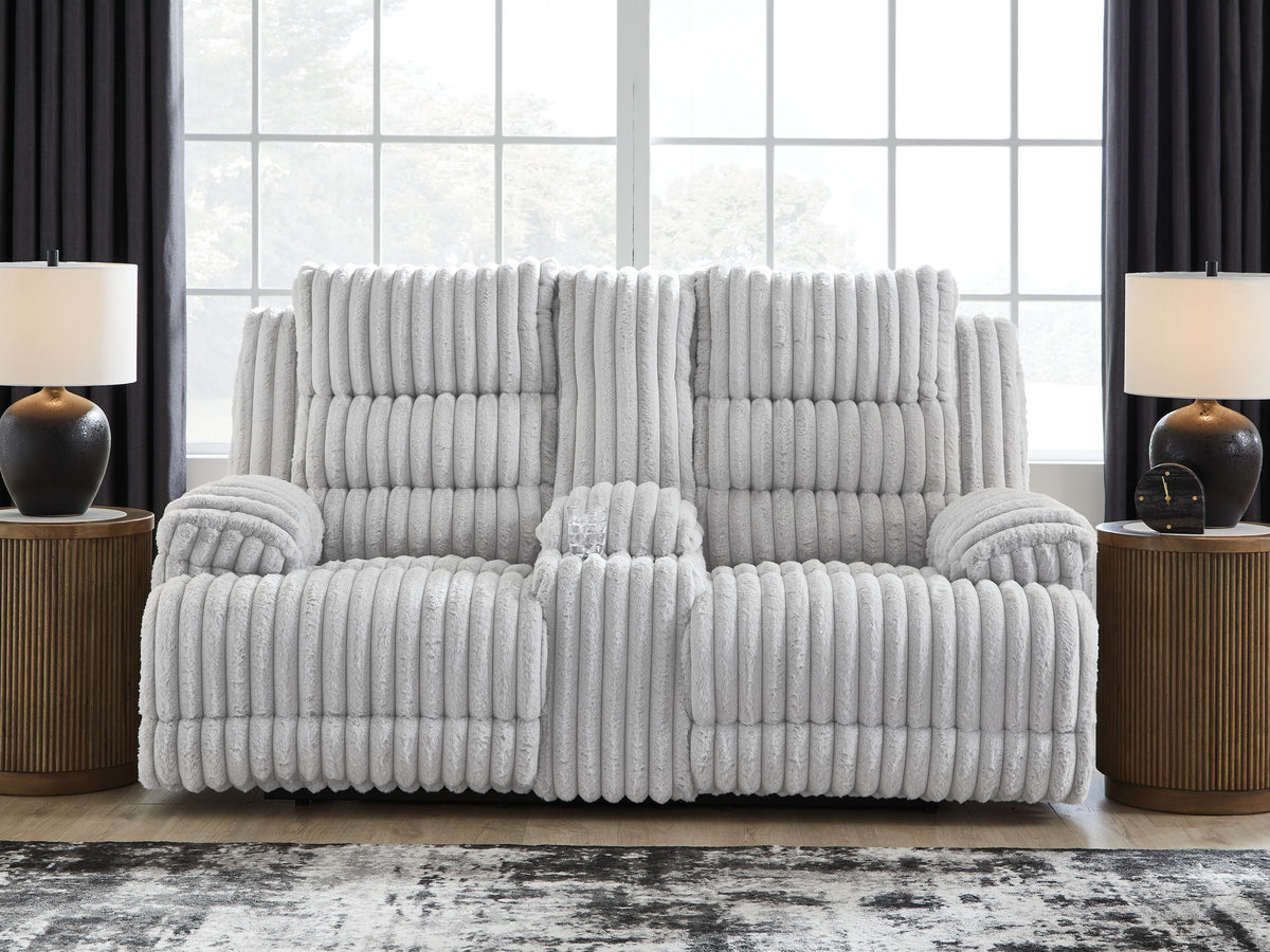 Family Deals Furniture - Ashley Furniture - Rhines Falls Living Room - REC PWR Sofa w/Drop Down Table / Alloy - PC4280499