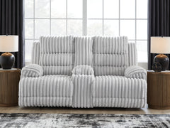 Family Deals Furniture - Ashley Furniture - Rhines Falls Living Room - REC PWR Sofa w/Drop Down Table / Alloy - PC4280499
