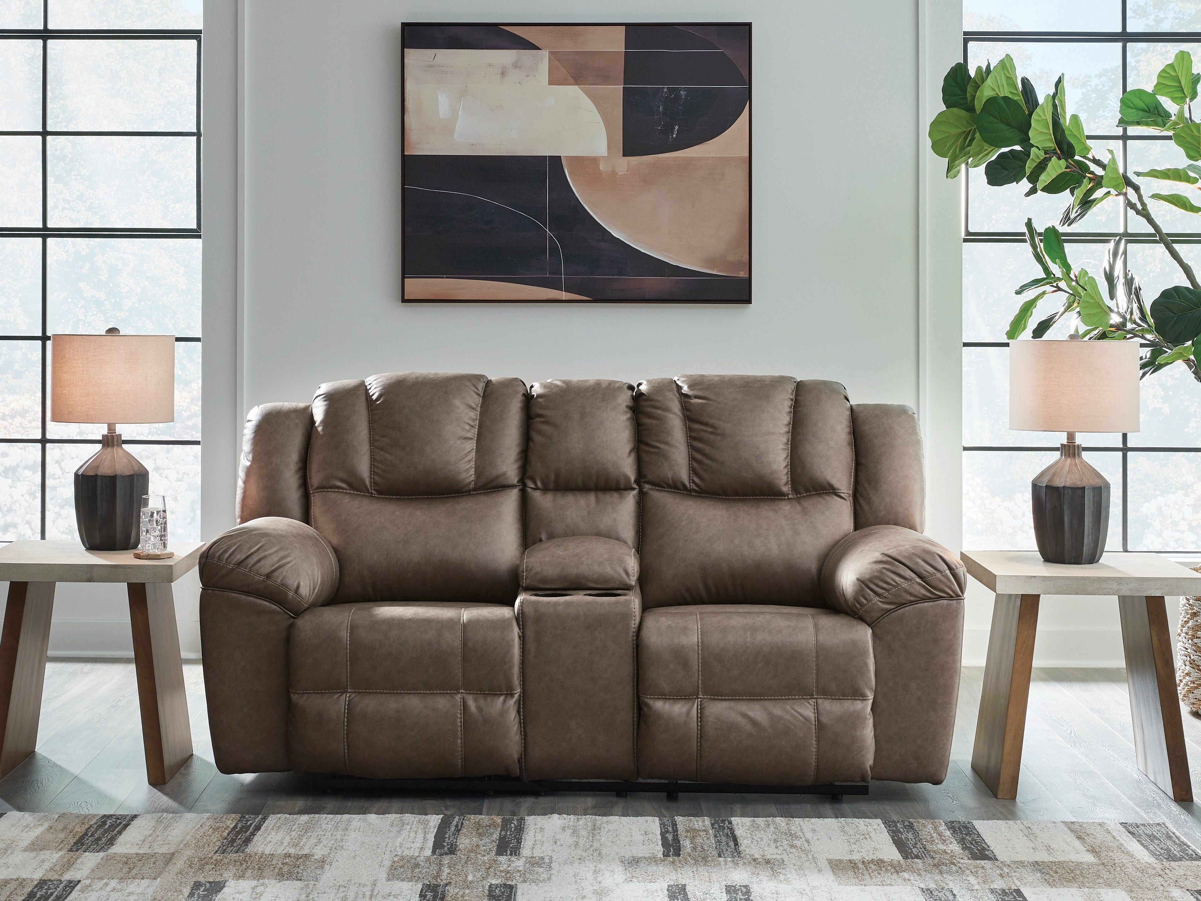 Family Deals Furniture - Ashley Furniture - Lowilla Living Room - DBL Rec Loveseat w/Console / Driftwood - PC6450694