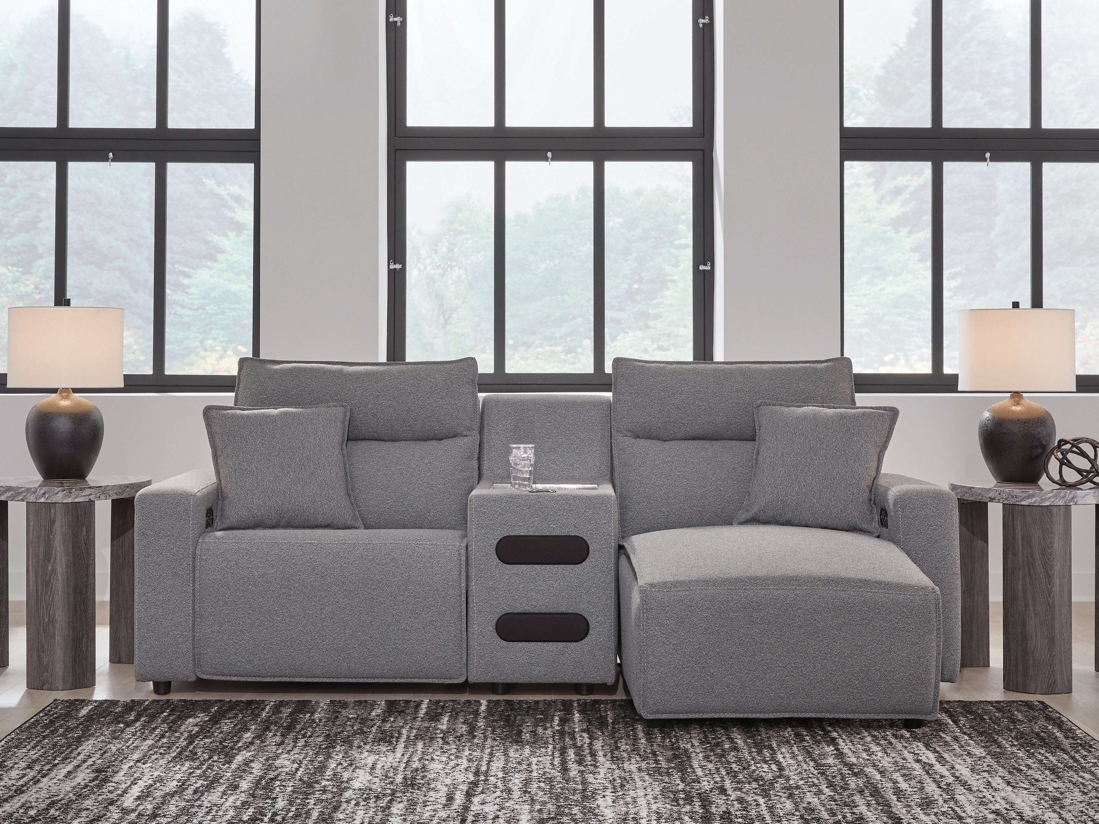 Family Deals Furniture - Ashley Furniture - ModMax II Sectional - 3-Piece Power Reclining Sectional with Chaise and Audio Console / Salt and Pepper - 65906S5