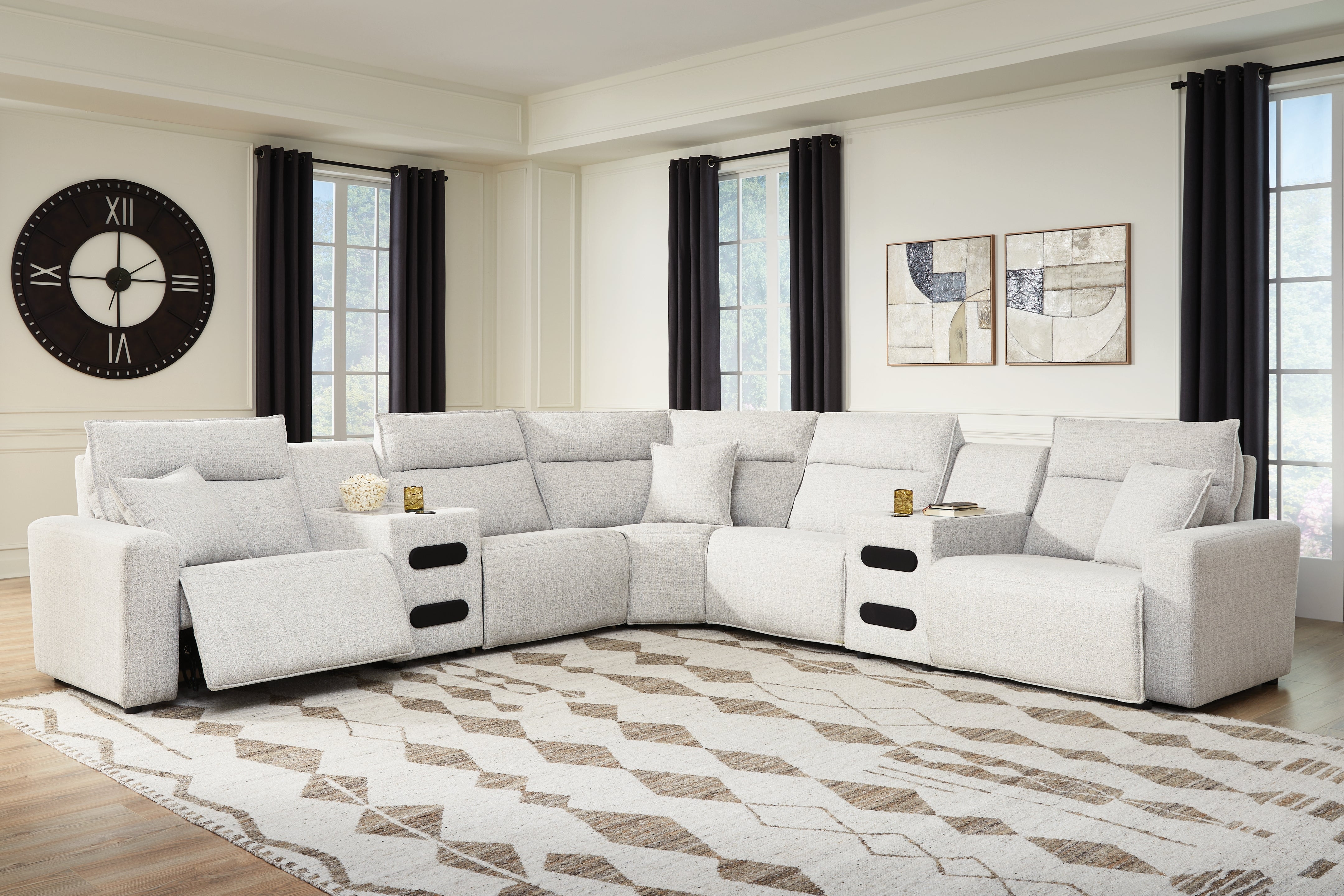 Family Deals Furniture - Ashley Furniture - ModMax II Sectional - 7-Piece Power Reclining Sectional with Chaise and Audio Consoles / Stone - 65907S9