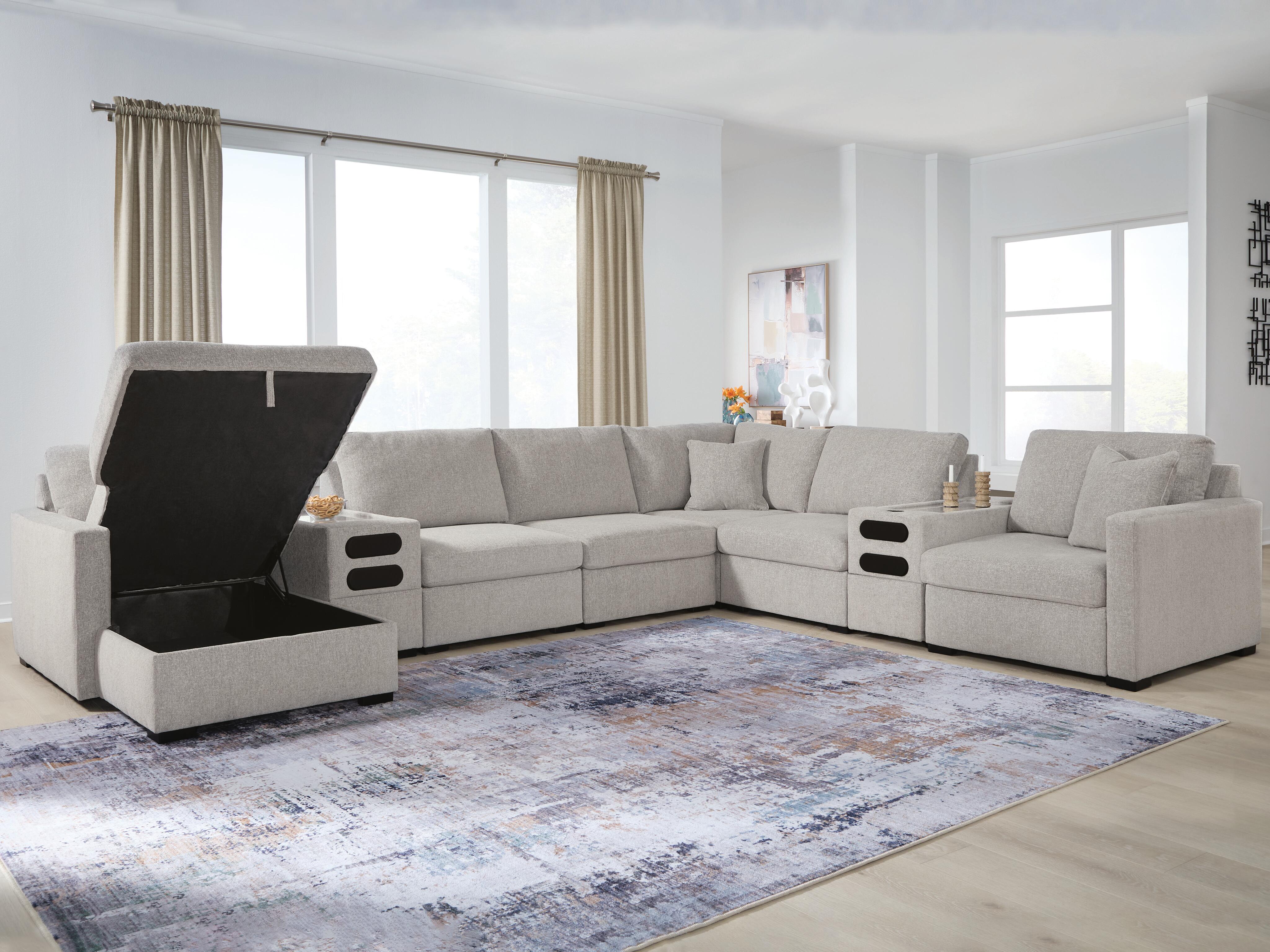 Family Deals Furniture - Ashley Furniture - ModMax Luxe Sectional - RAF 8-Piece Sectional with Storage Chaise and Audio Consoles / Flint - 68605S79