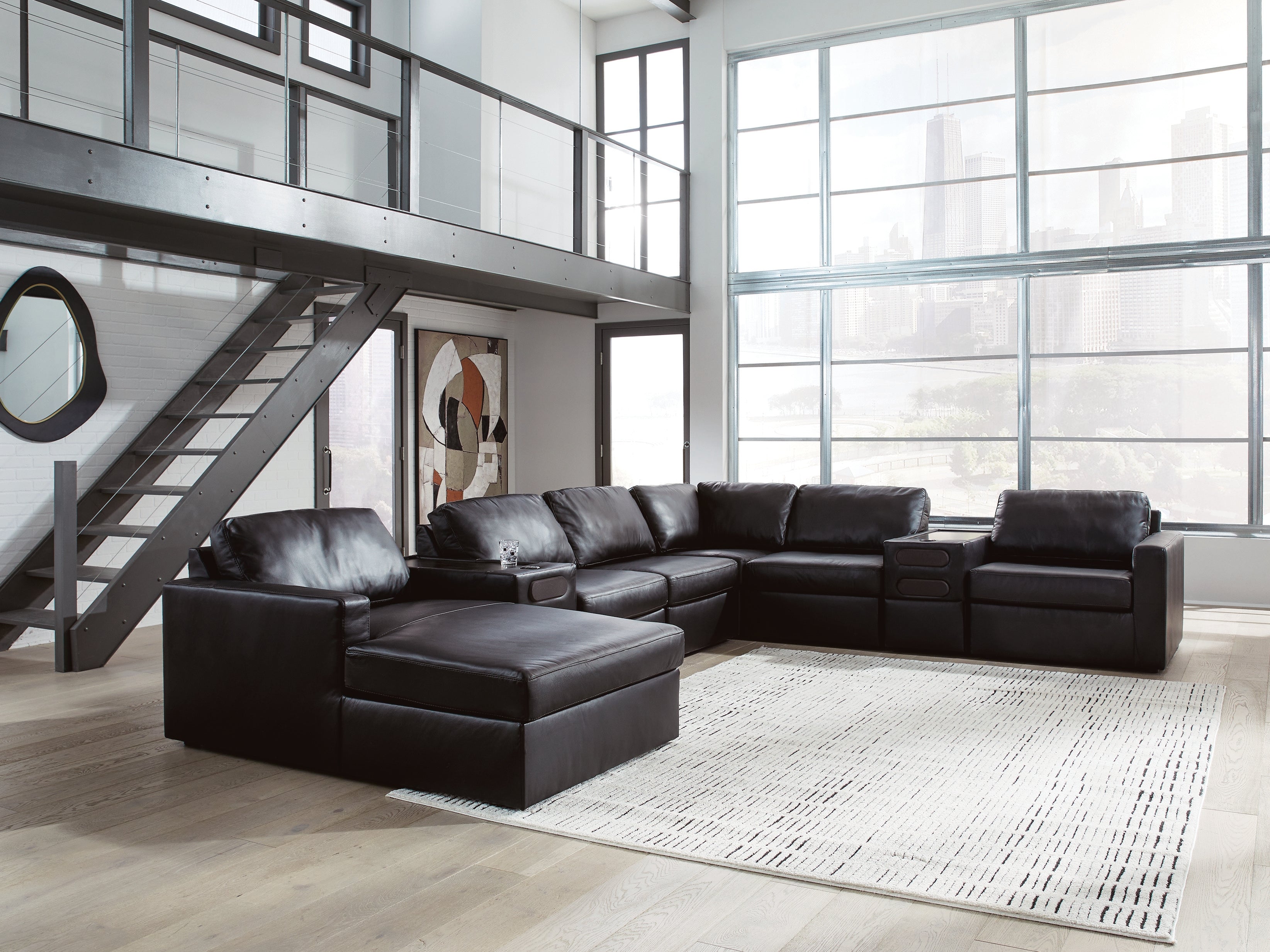 Family Deals Furniture - Ashley Furniture - ModMax II Sectional - RAF 8-Piece Sectional with Chaise and Audio Consoles / Black - 74305S47