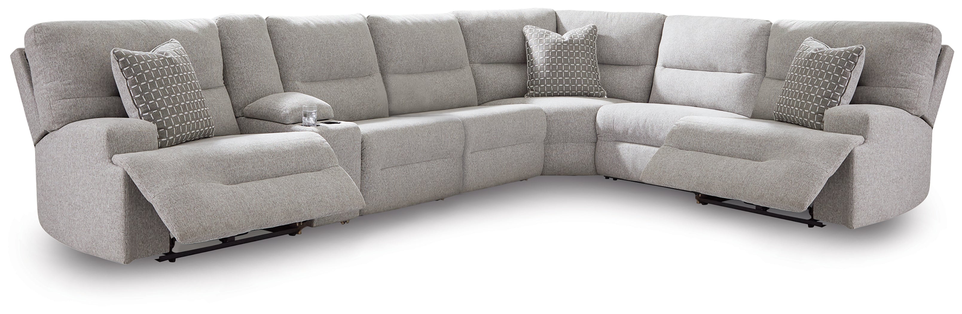 Family Deals Furniture - Ashley Furniture - Acklen Place Sectional - 7-Piece Power Sectional Reclining Sofa with Storage Console / Pewter - 93605S20
