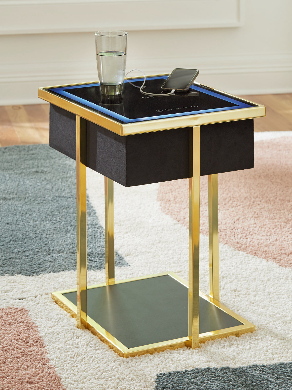 Family Deals Furniture - Ashley Furniture - Rexwell Accent Table with Speaker - Accent Table with Speaker / Black/Gold Finish - A4000681