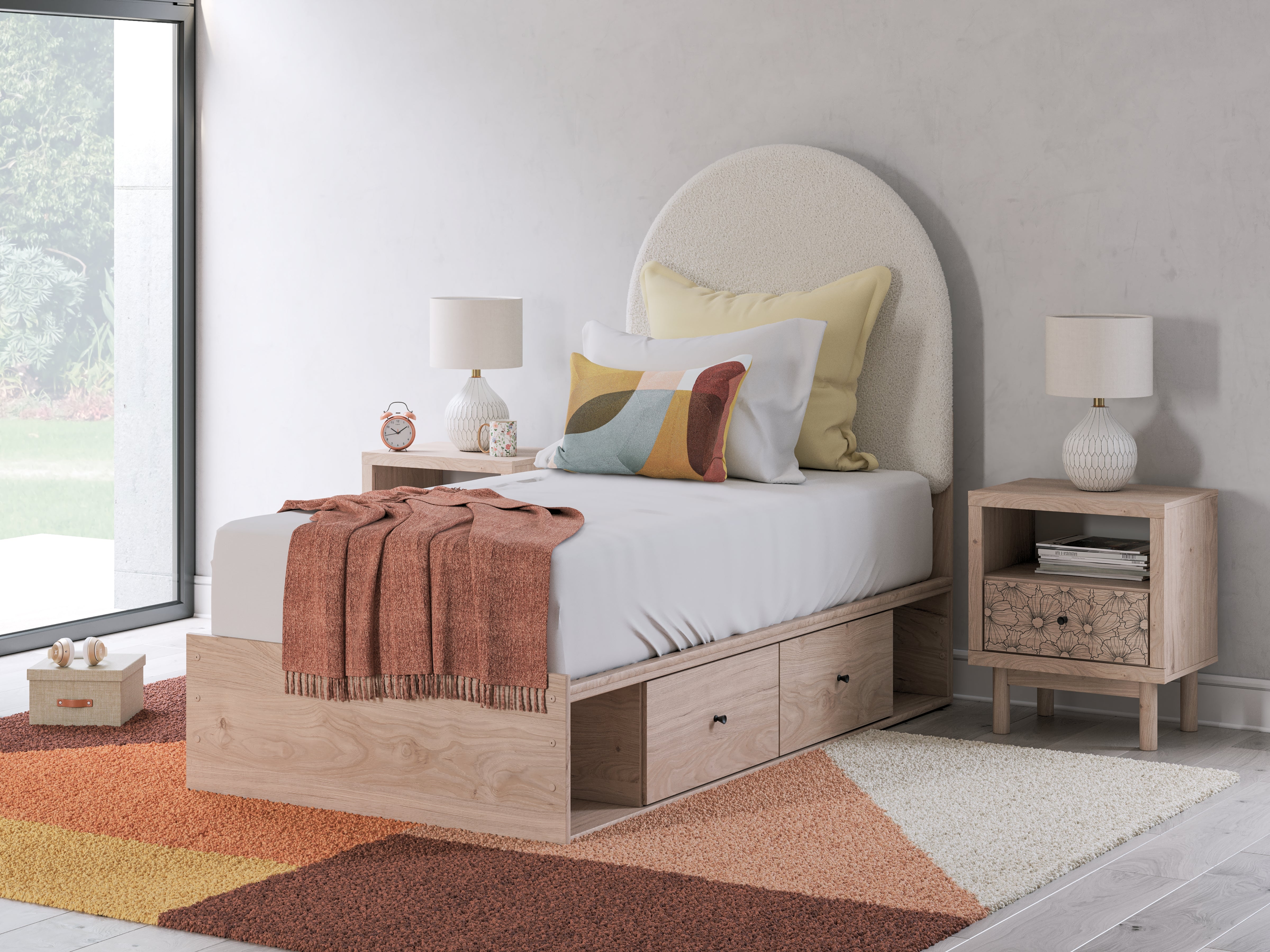 Family Deals Furniture - Ashley Furniture - Arloster Bedroom - Twin Upholstered Panel Bed with Storage / Tan/White - PCB1566B6