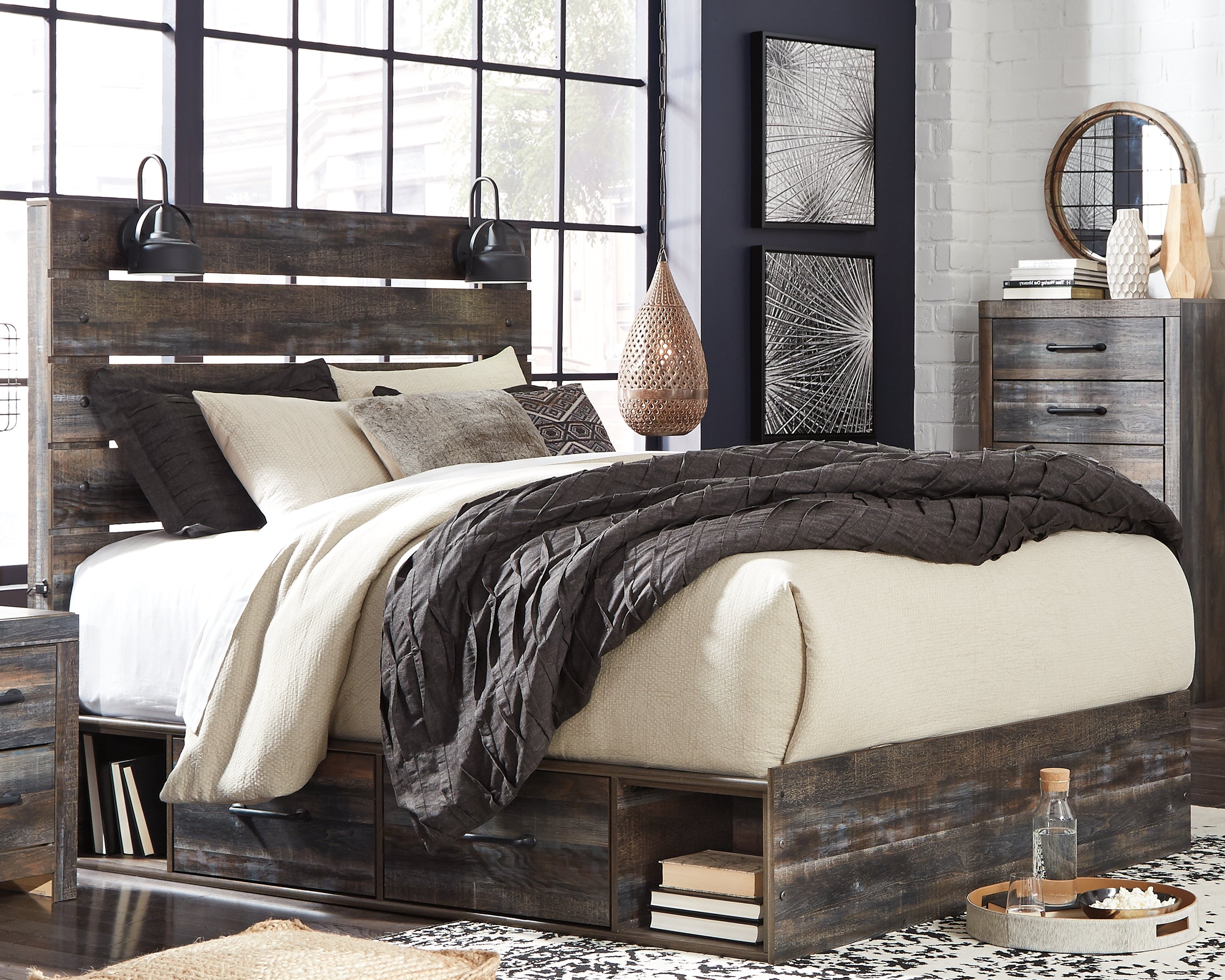 Family Deals Furniture - Ashley Furniture - Drystan Bedroom - Queen Panel Bed with 2 Storage Drawers / Multi - B211B10