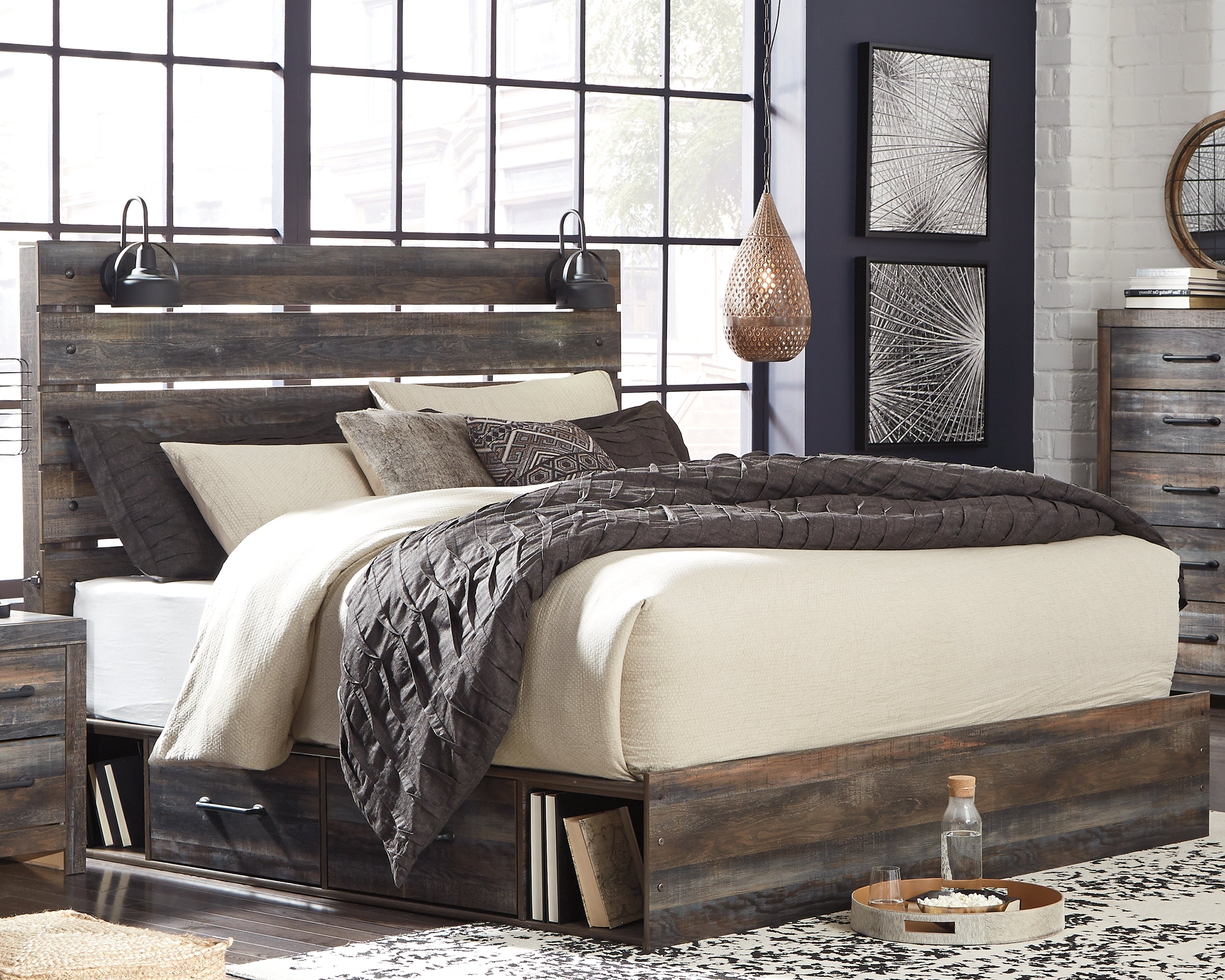 Family Deals Furniture - Ashley Furniture - Drystan Bedroom - King Panel Bed with 2 Storage Drawers / Multi - B211B15