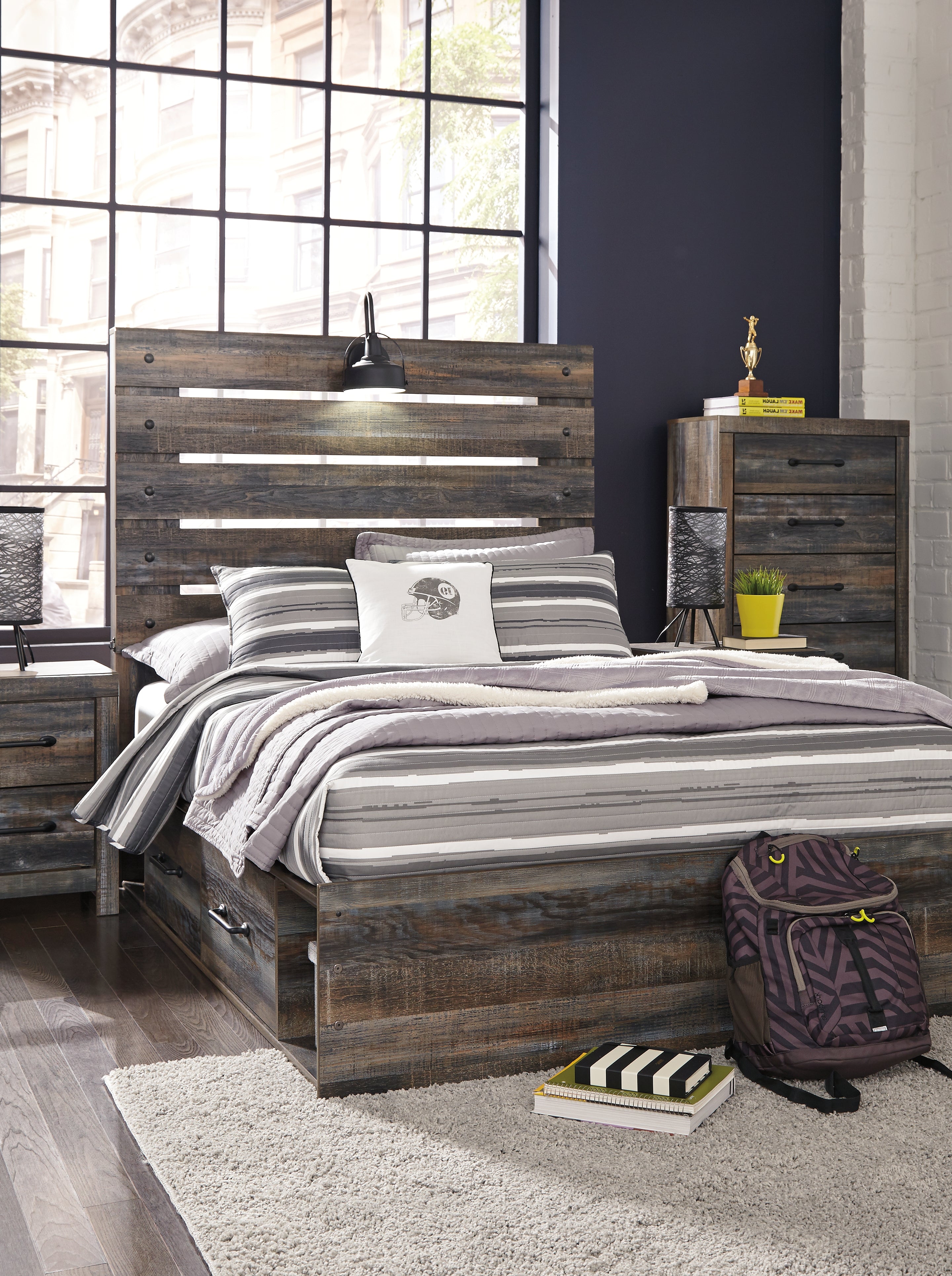 Family Deals Furniture - Ashley Furniture - Drystan Bedroom - Full Panel Bed with 2 Storage Drawers / Multi - B211B9