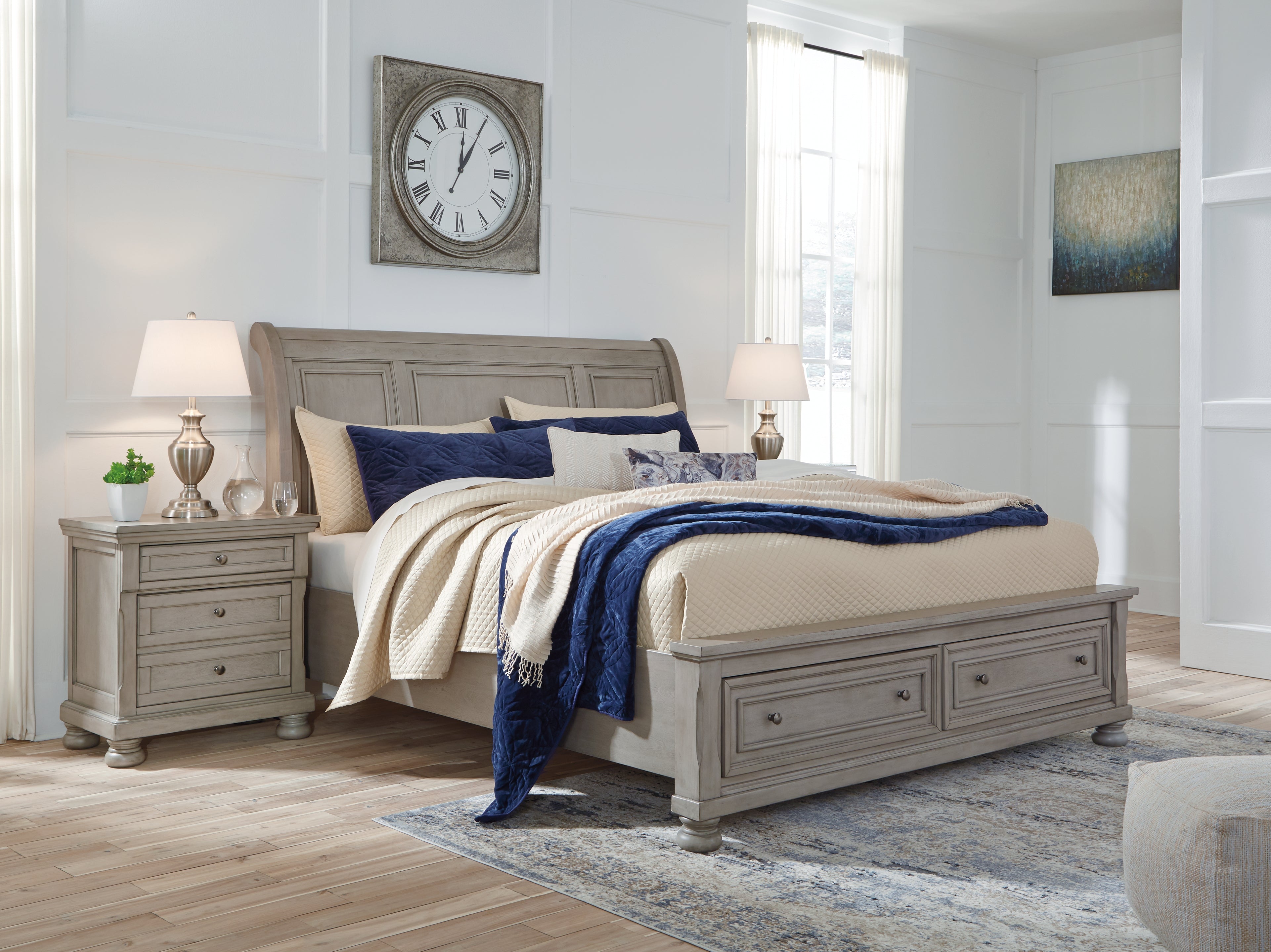 Family Deals Furniture - Ashley Furniture - Lettner Bedroom - King Sleigh Bed with 2 Storage Drawers / Light Gray - B733B8