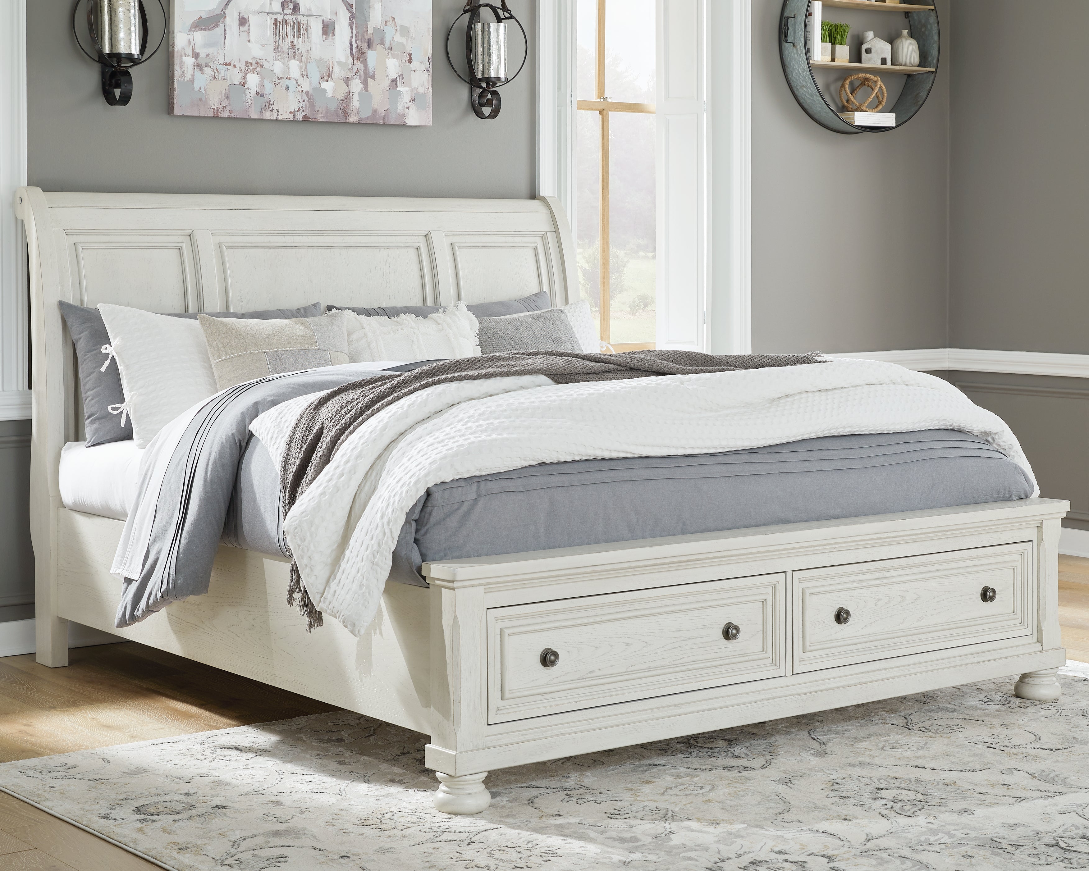 Family Deals Furniture - Ashley Furniture - Robbinsdale Bedroom - Queen Sleigh Bed with Storage / Antique White - B742B3