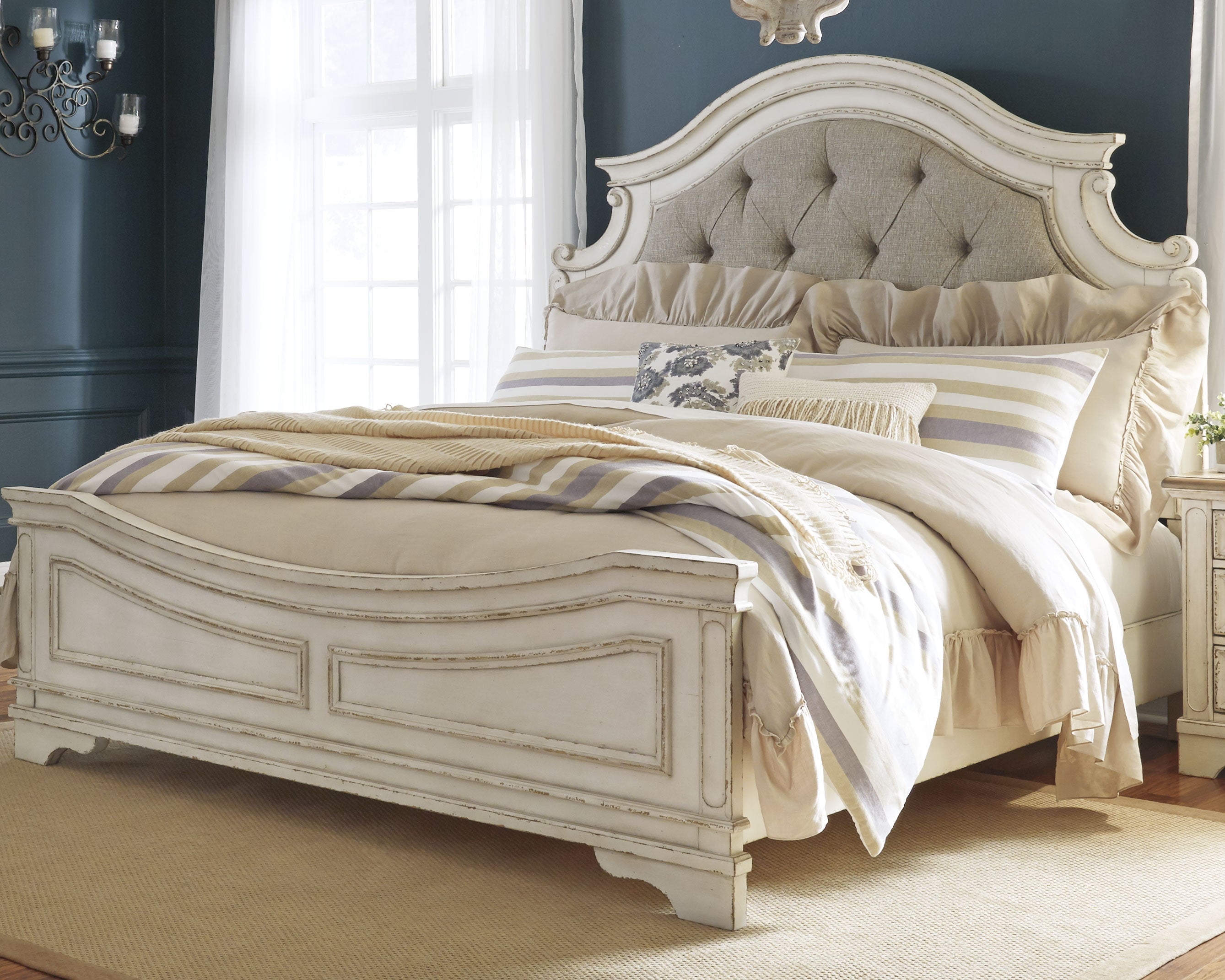 Family Deals Furniture - Ashley Furniture - Realyn Bedroom - King Upholstered Panel Bed / Chipped White - B743B6