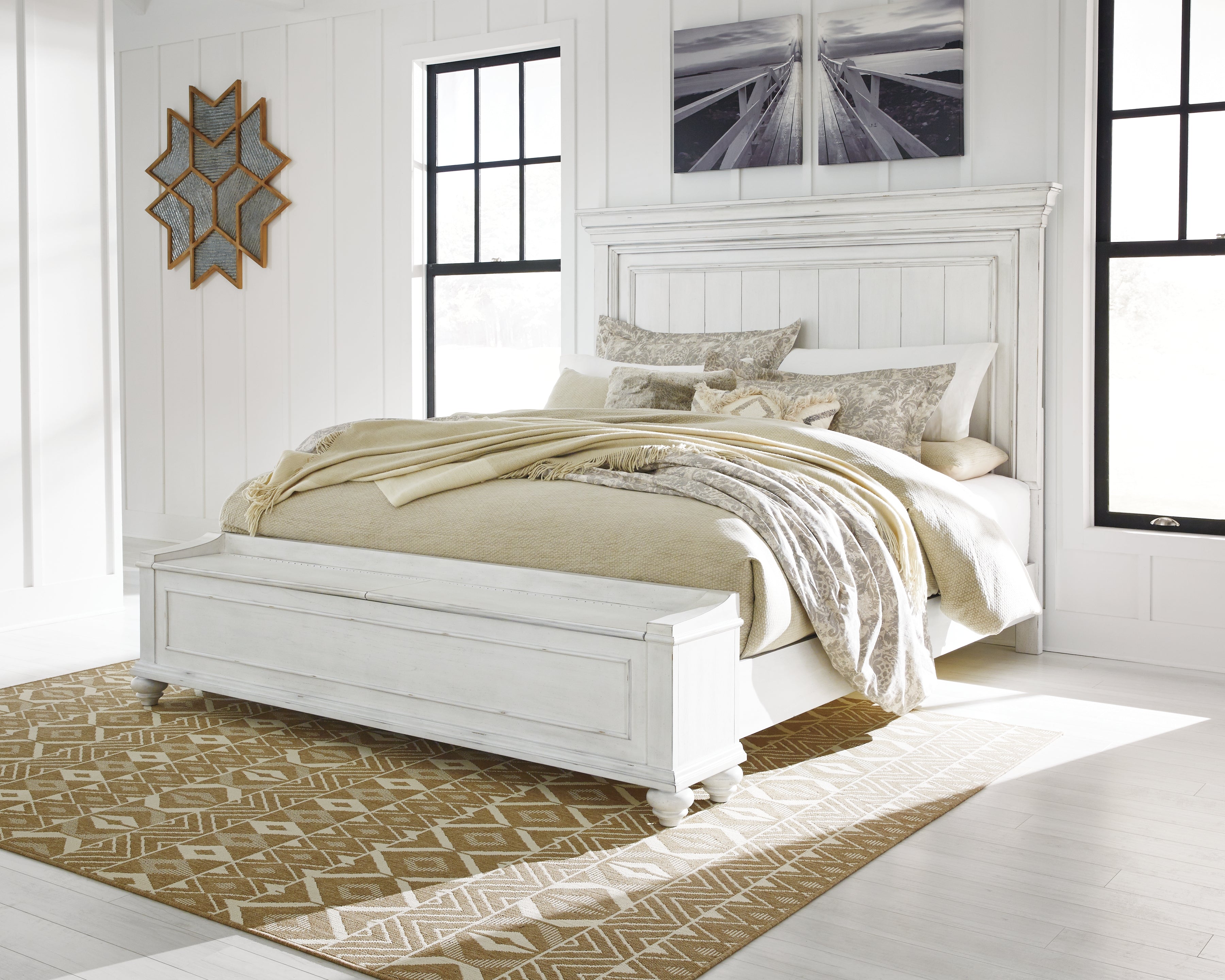 Family Deals Furniture - Ashley Furniture - Kanwyn Bedroom - Queen Panel Bed with Storage Bench / Whitewash - B777B6